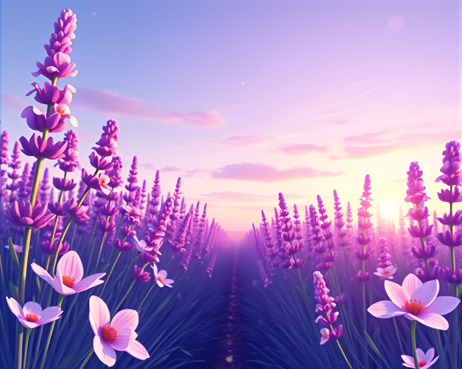 Voxel art scene with watercolor blooms in twilight illusion