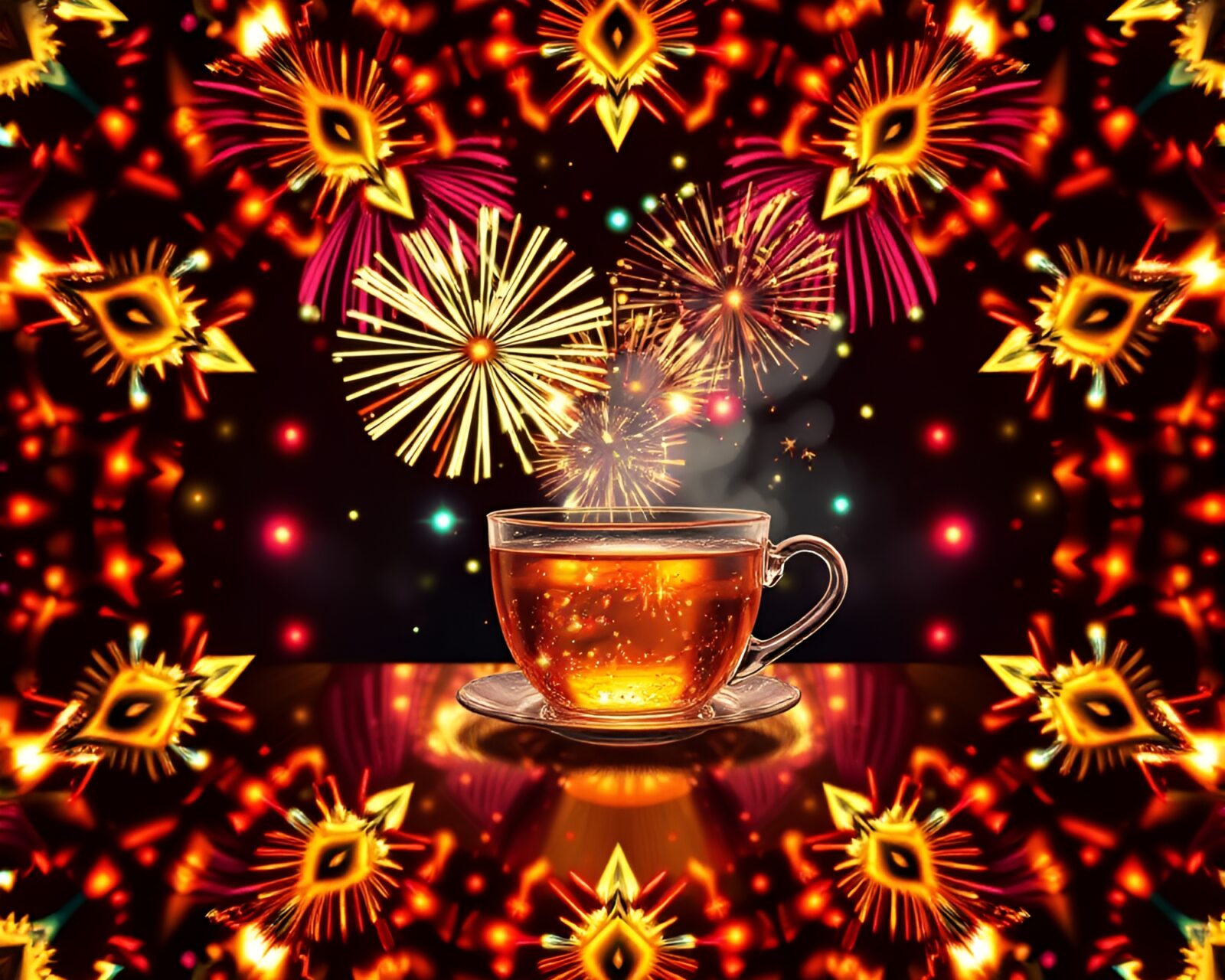 Colorful tea set designs glowing amidst festival fireworks display