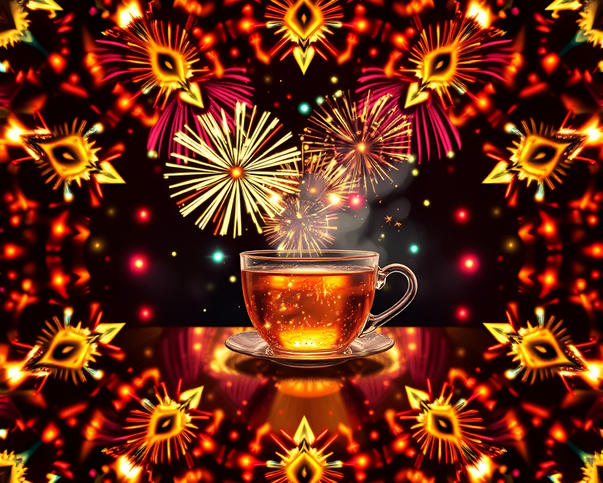 Kaleidoscope Tea Set Illuminated by Festival Fireworks – free AI stock image