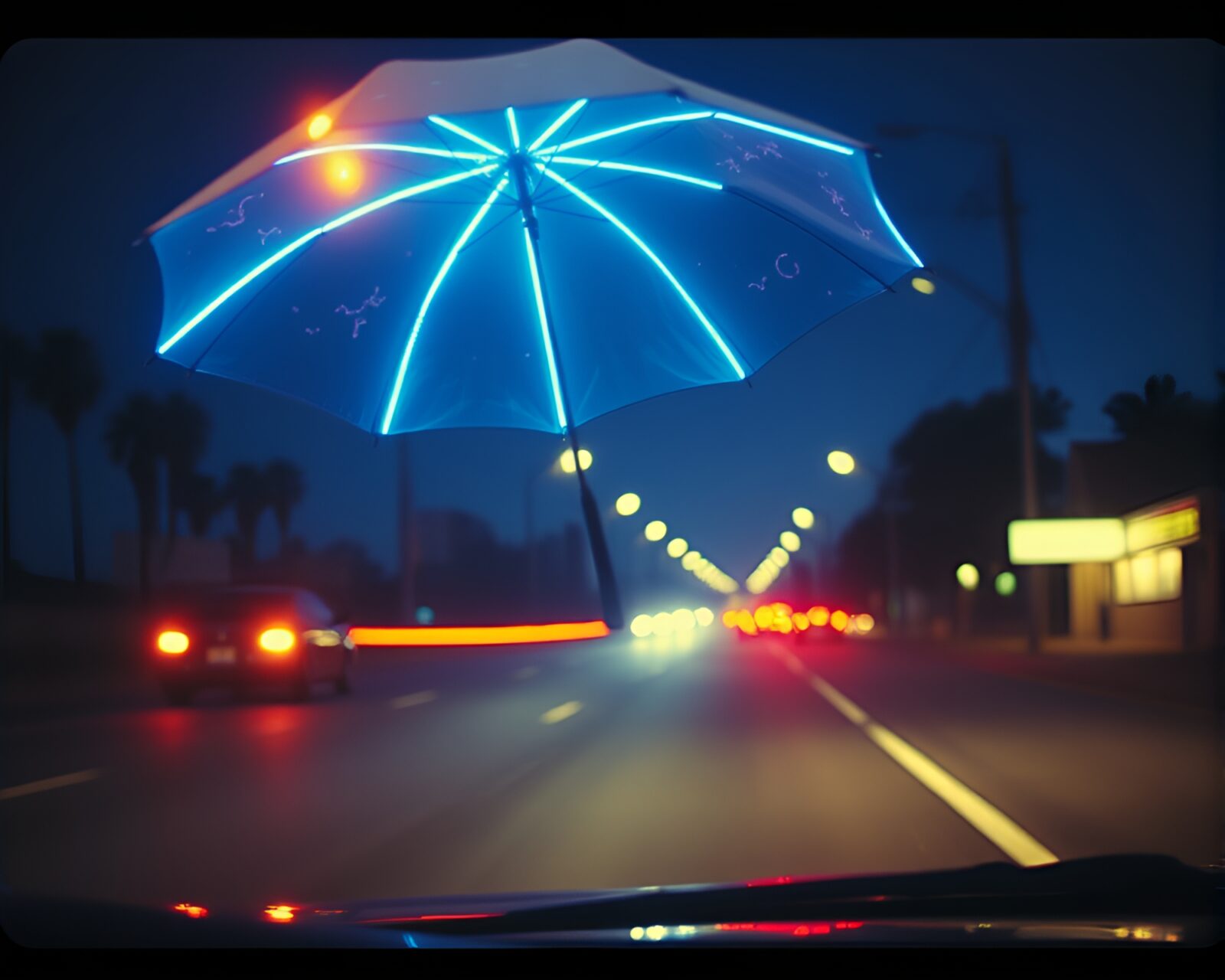 Anime style illustration of car light trails and neon umbrella
