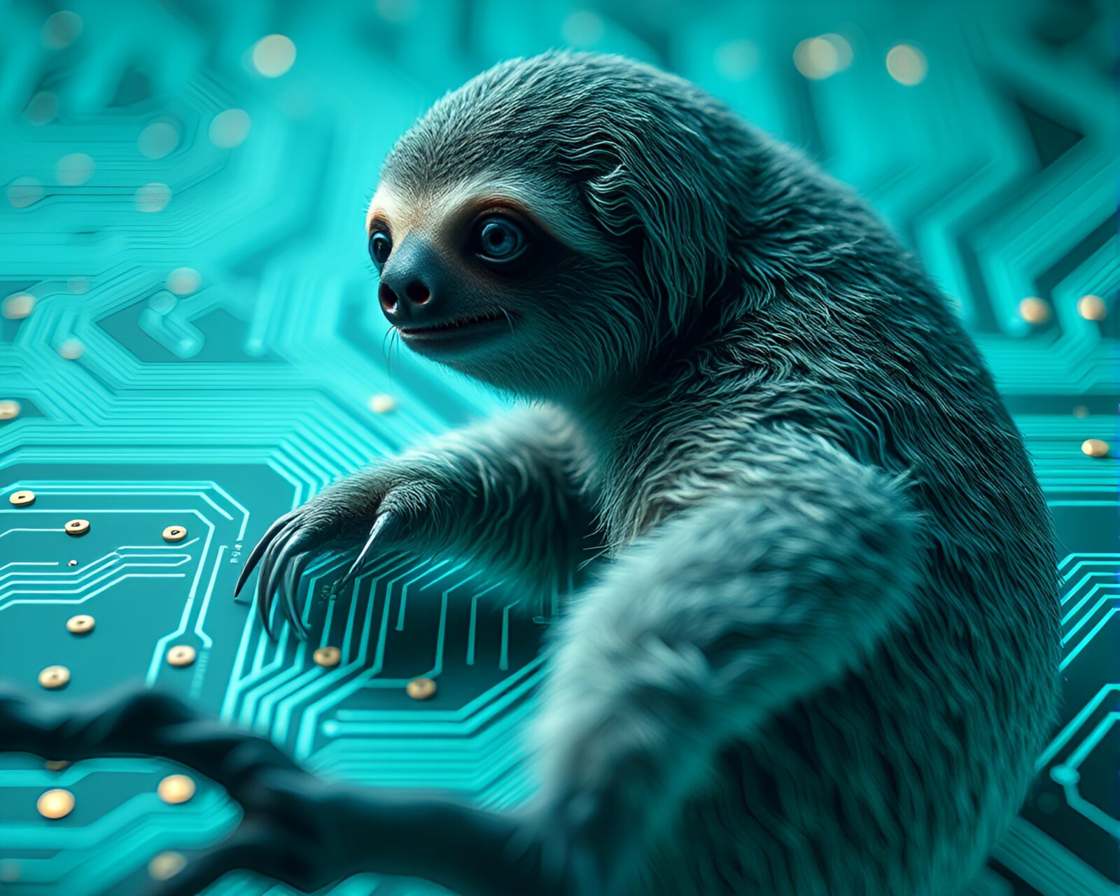 Turquoise-calmed Sloth resting on intricate circuit board design