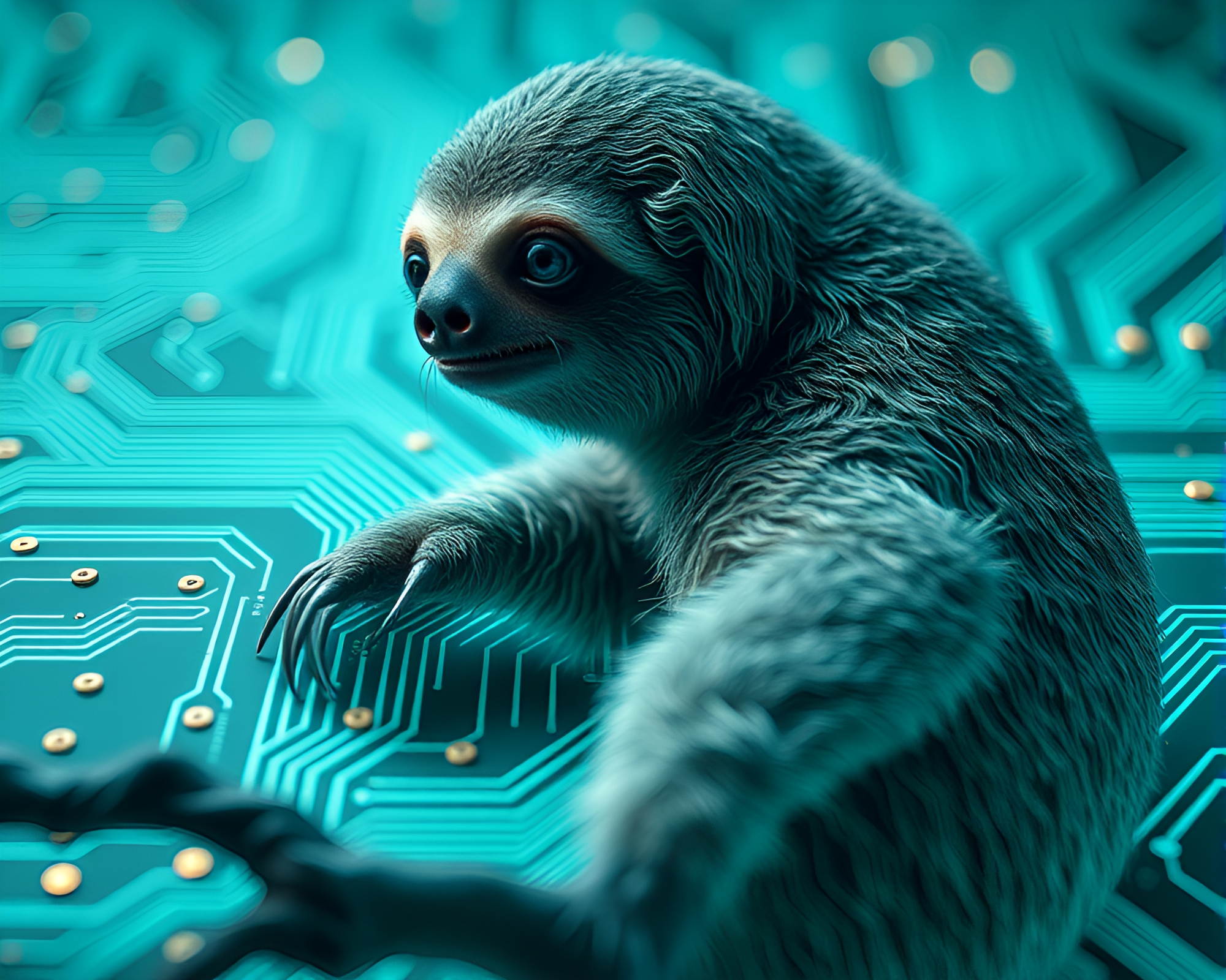 Sloth-themed Circuit Board Cloth Simulation – free AI stock image