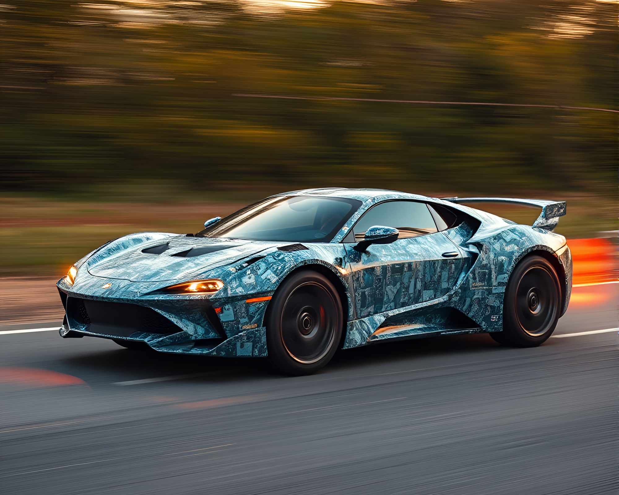 Futuristic Zoom Burst Hover Car in Mosaic Denim – free AI stock image