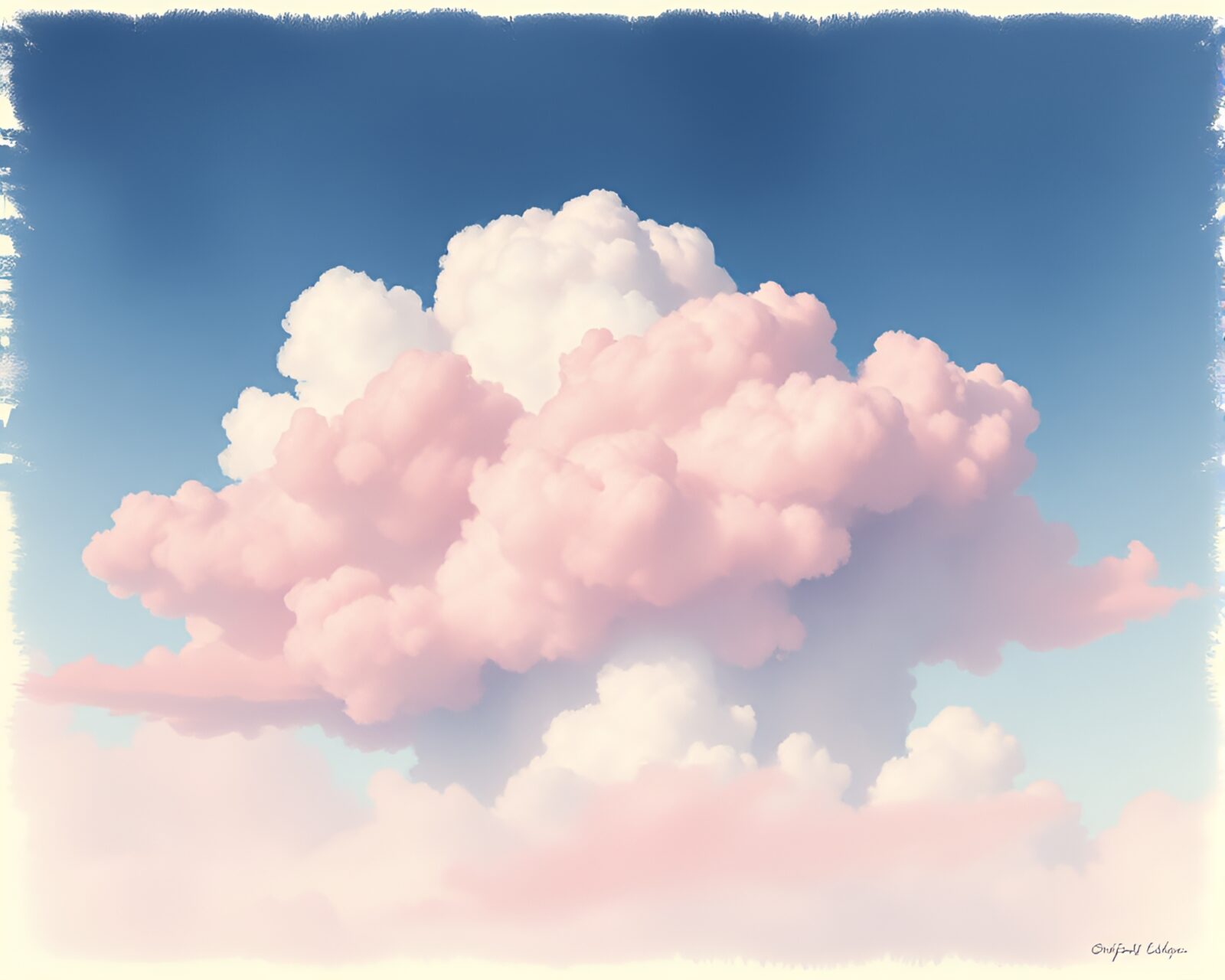 Engraved raspberry bush under whimsical pastel clouds