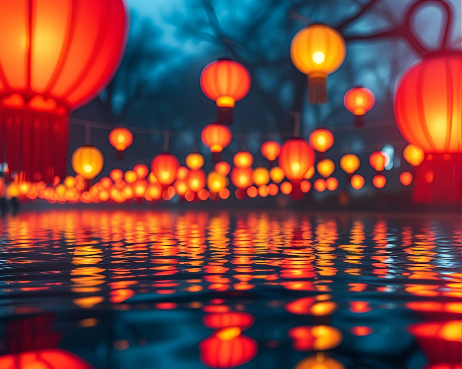 Floating lanterns on rippling water with dreamlike colors
