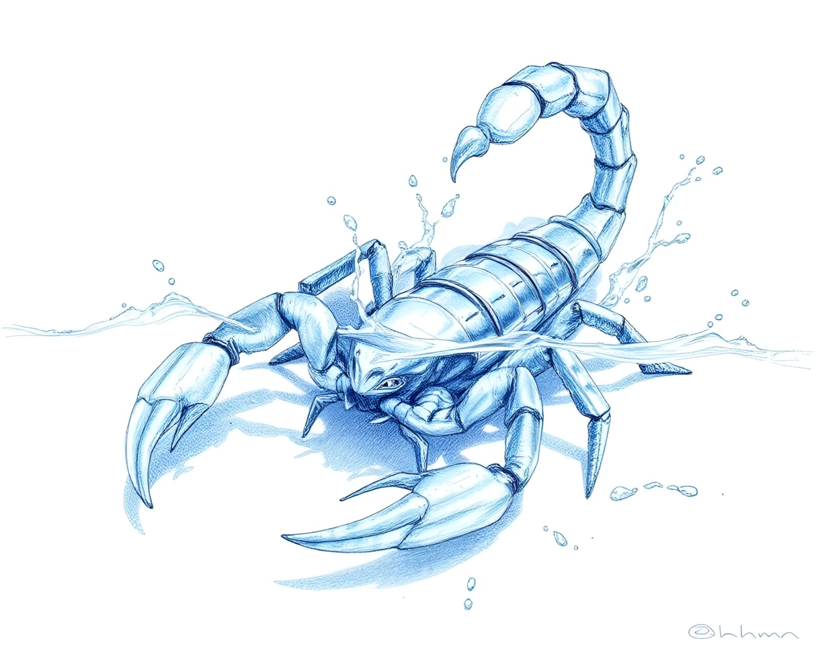 Pencil sketch of a majestic scorpion queen underwater