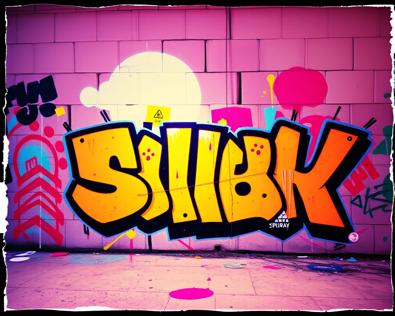 Graffiti-covered wall, torn edges, jetpack wearer evading searchlights