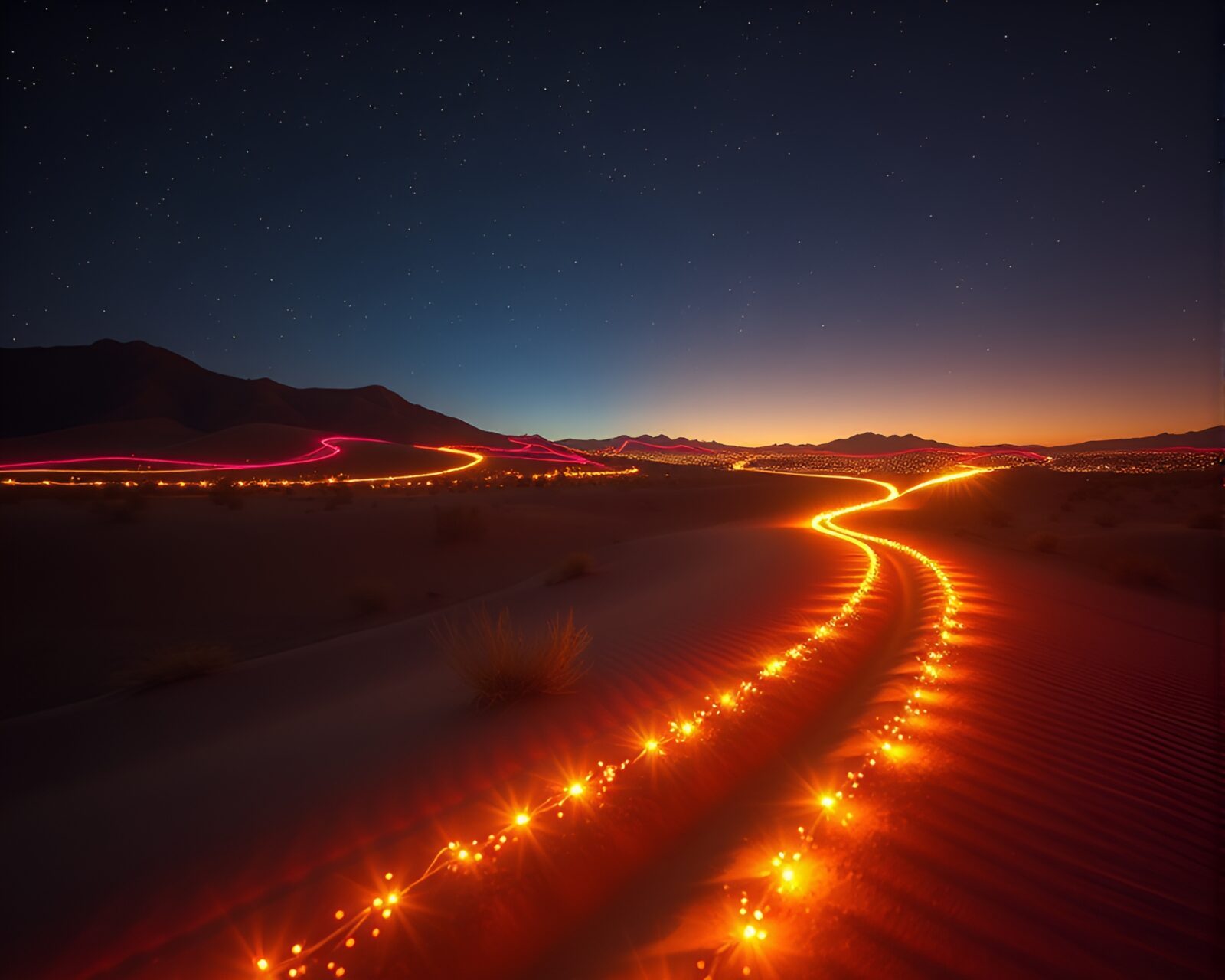 Fantastical scene of glowing fiber optics in desert mirage