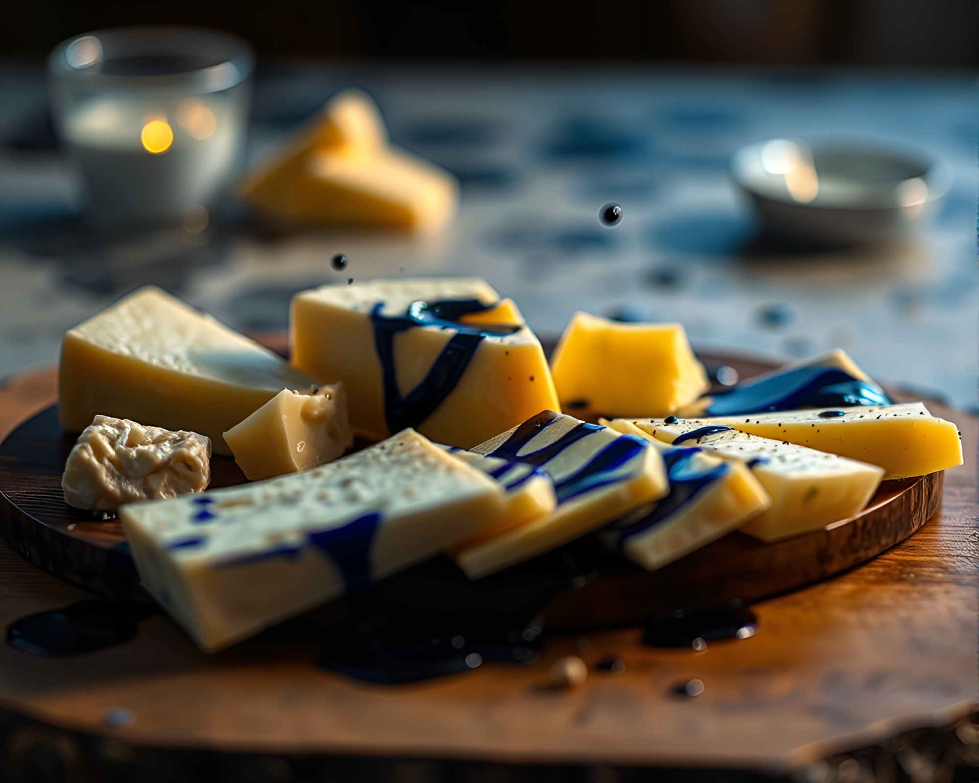 Cheese Platter with Ink Splashes in Blue Hour Light – free AI stock image