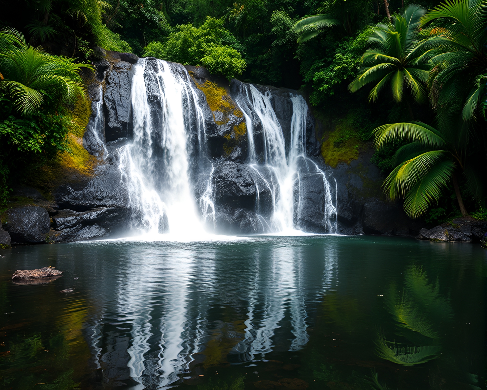 Tropical Waterfall Mirage Reflecting Chrome Amid Volcanic Hues – free AI stock image