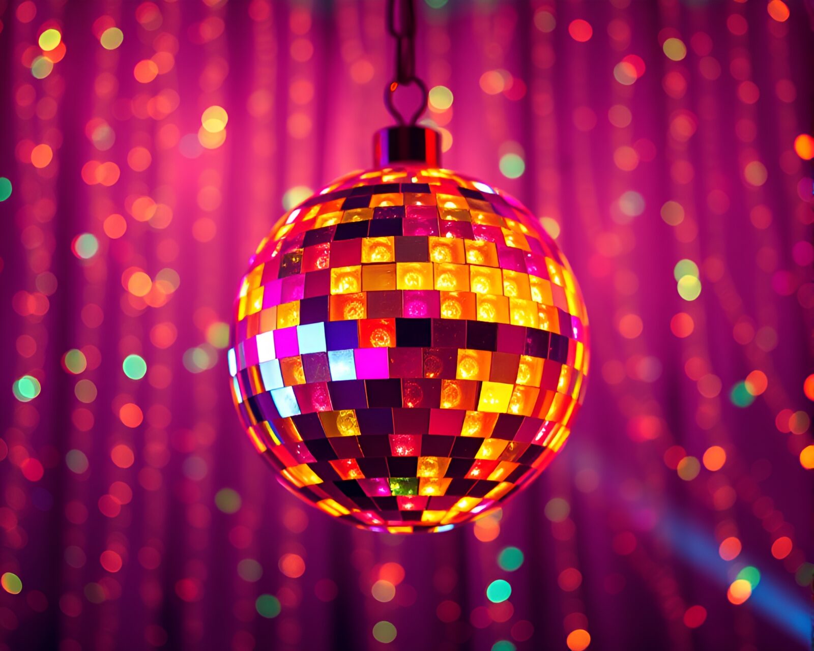 Vibrant neon fruit tart with disco ball reflections