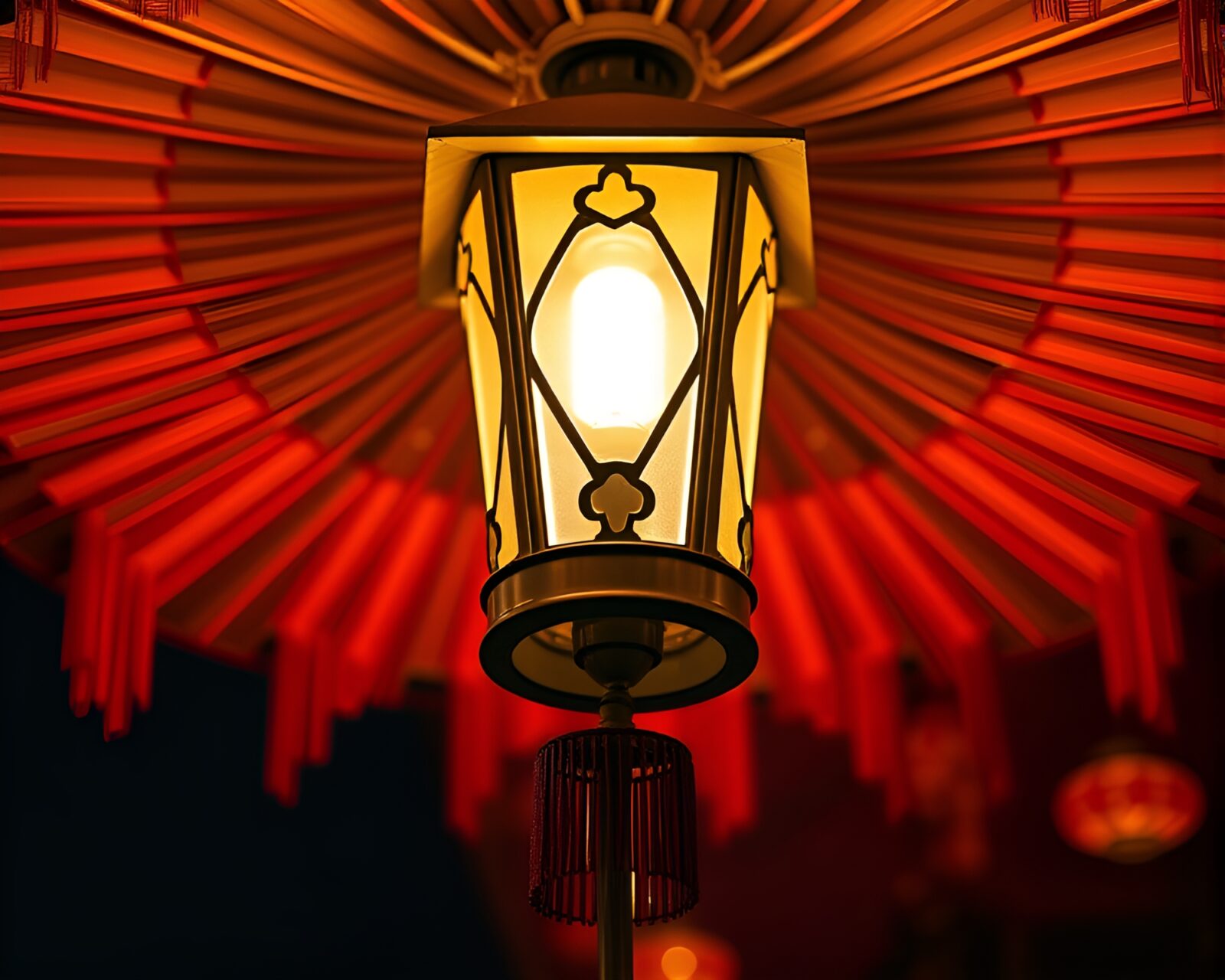 Fantastical scene of rickshaw under lantern light in toon shading
