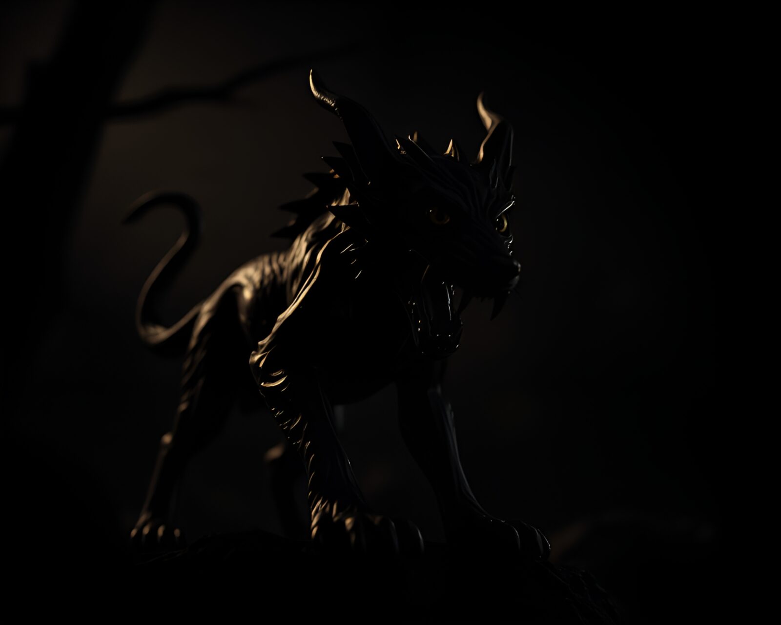 Dramatic chiaroscuro Cerberus in tight crop stop-motion still image.
