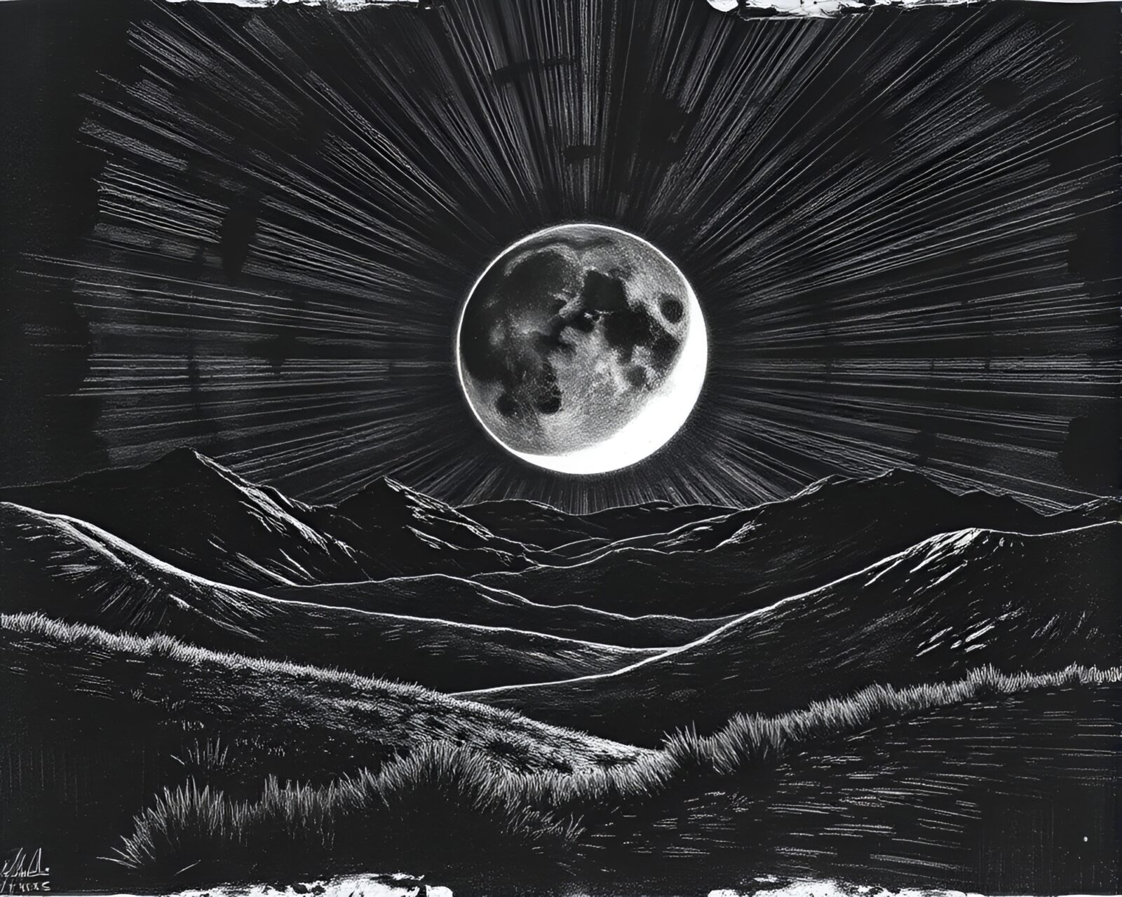 An etching of a knight in armor standing in eclipse shadows in a detailed landscape