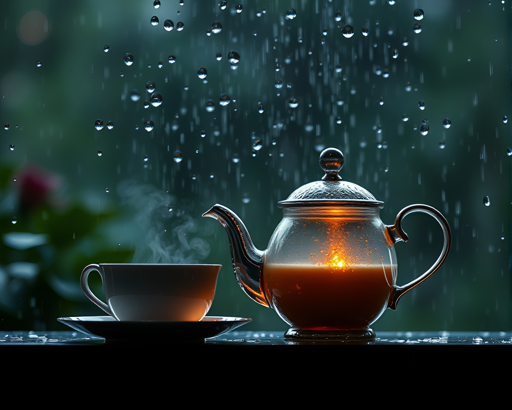 Soothing Raindrops Tea Set in Dripped Paint Style – free AI stock image