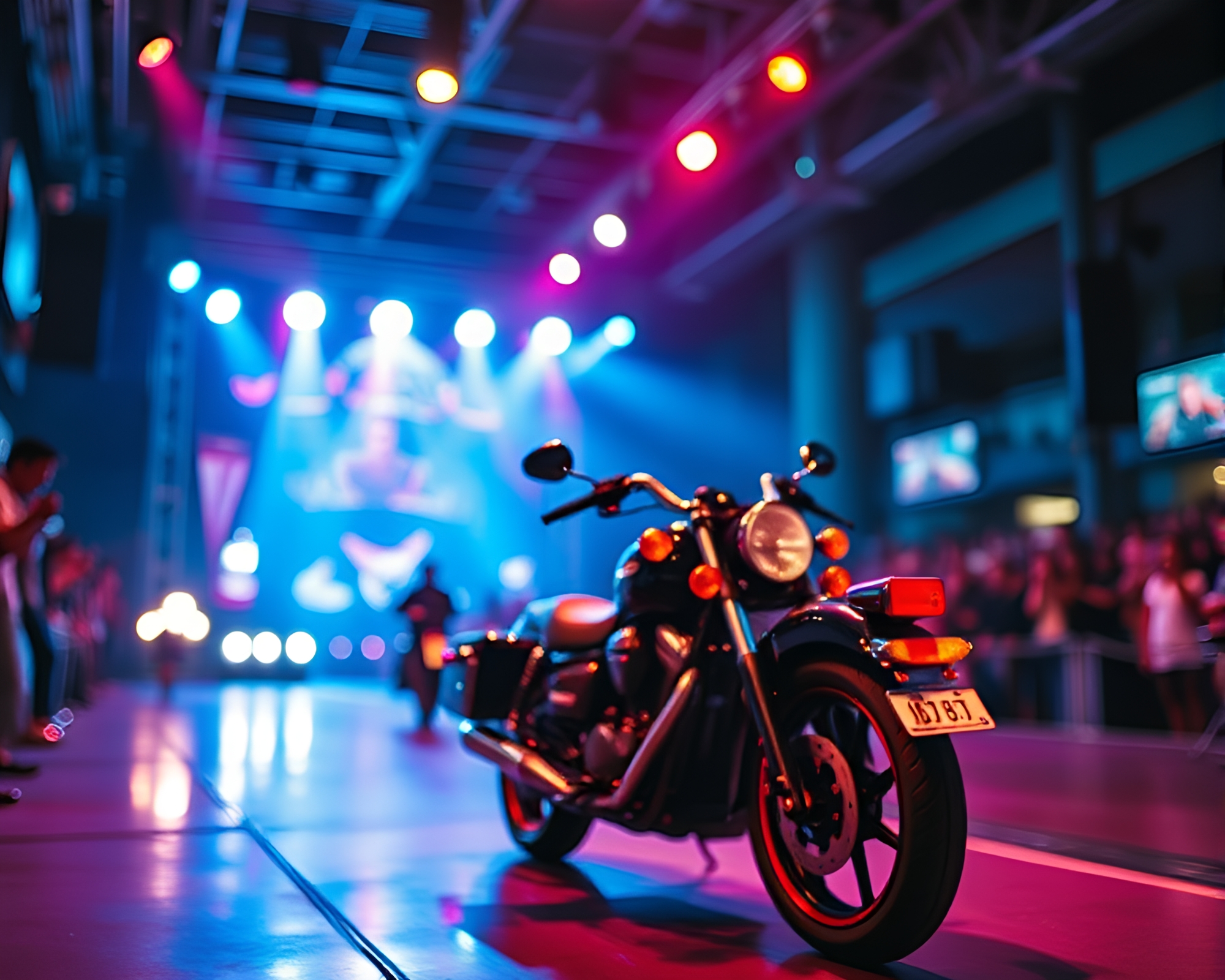 Neon Motorcycle under Concert Lights: Tilt-Shift Photography – free AI stock image