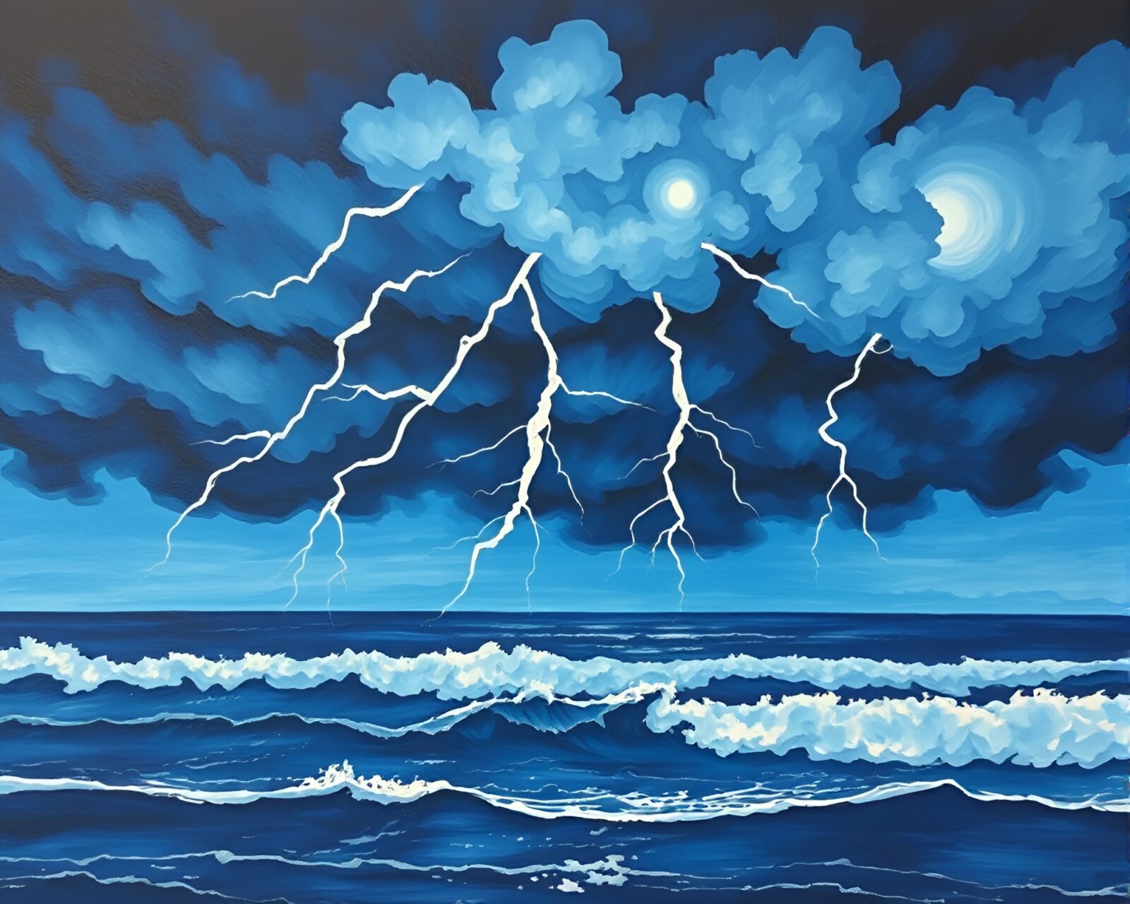 Gloomy twilight scene of thunderstorm brewing over ocean waves