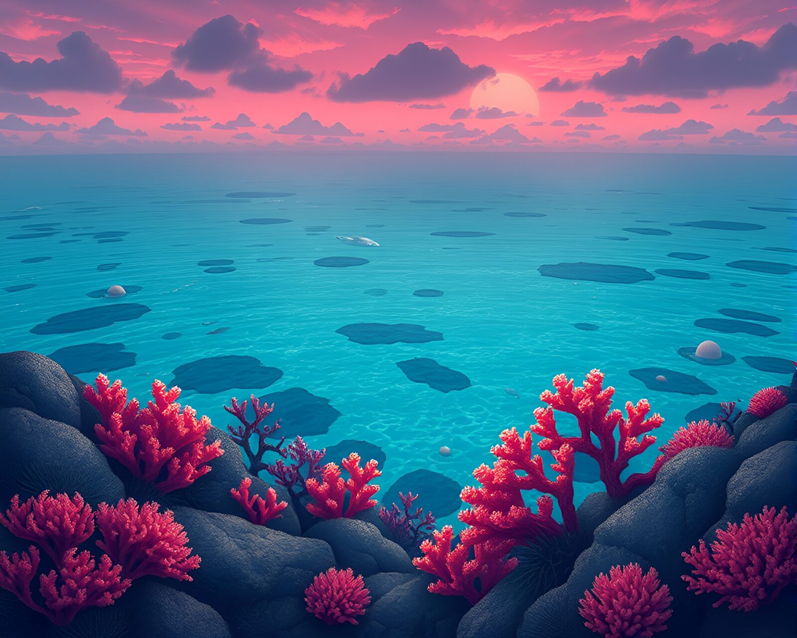 Glowing coral reef adorned with intricate beadwork designs