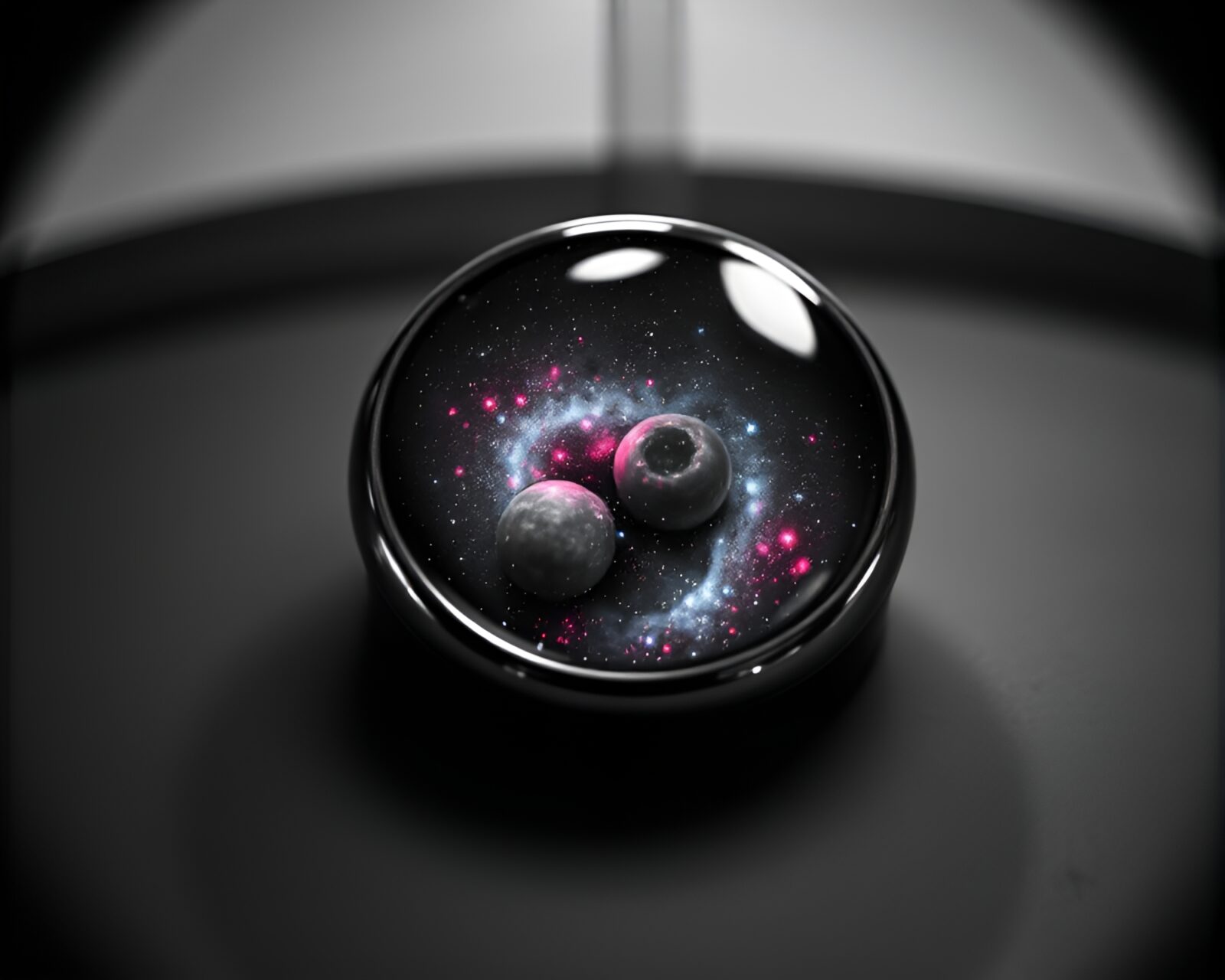 Stunning monochrome image of a galaxy-inspired ring with fisheye