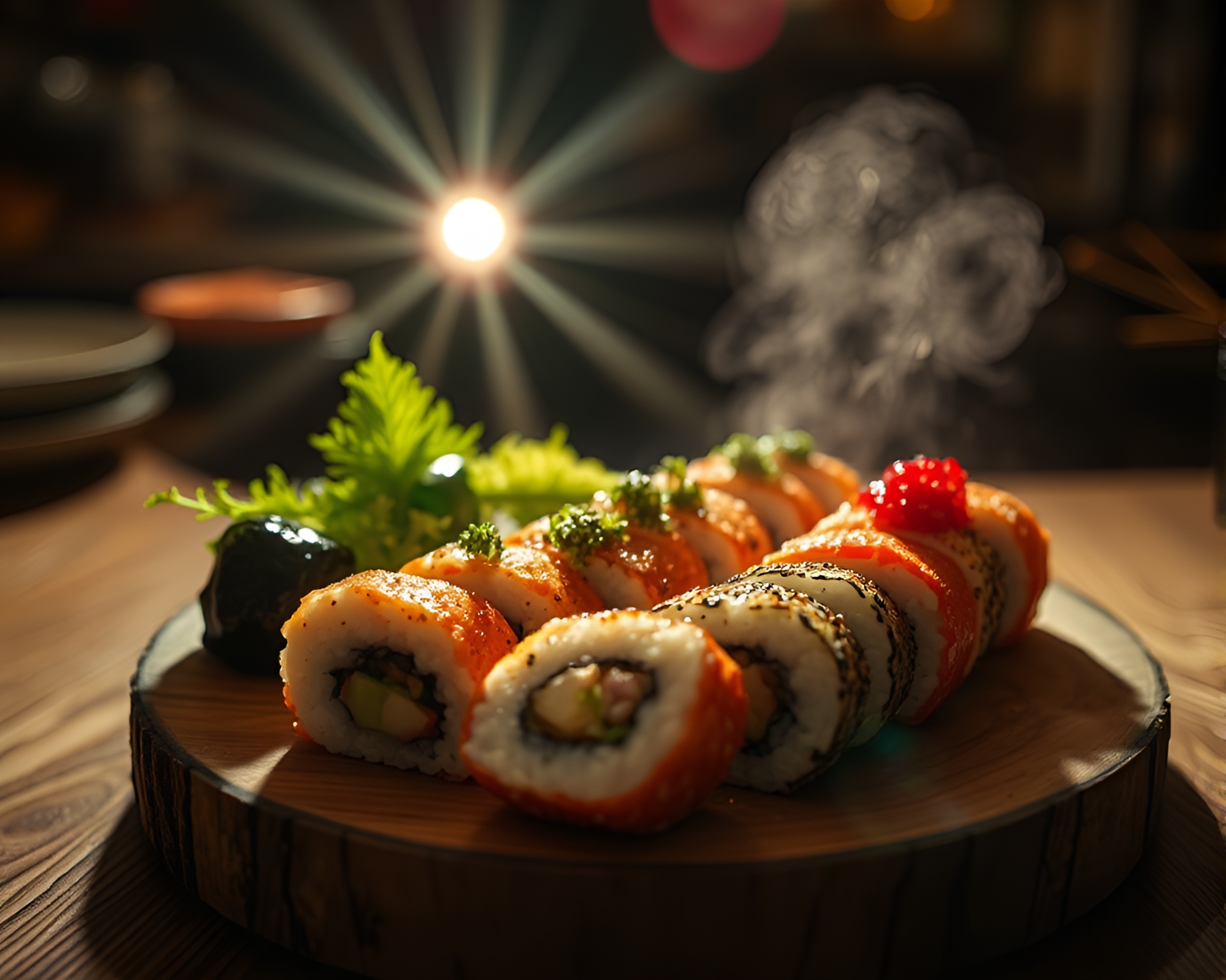 Sushi Platter on Intricate Wood Grain Display – free AI stock image