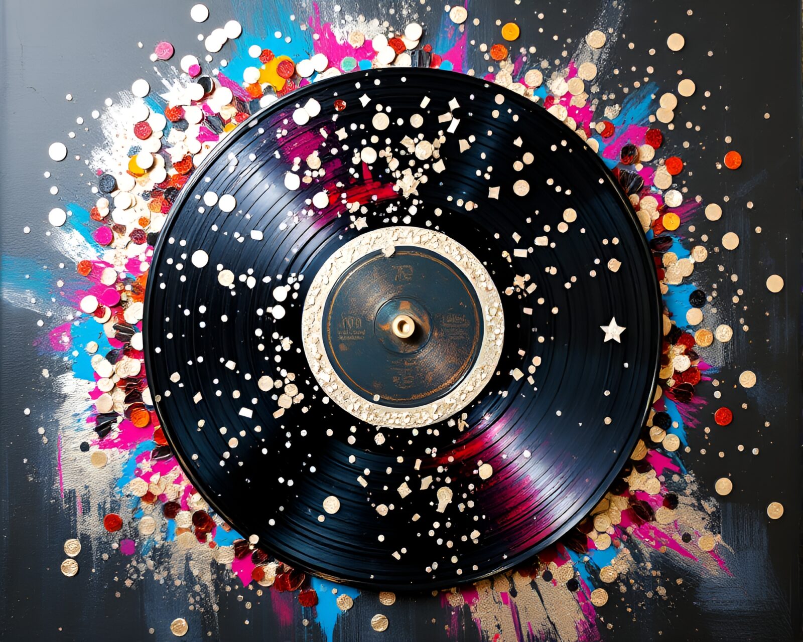 Colorful confetti explosion on vinyl record with elegant silver details