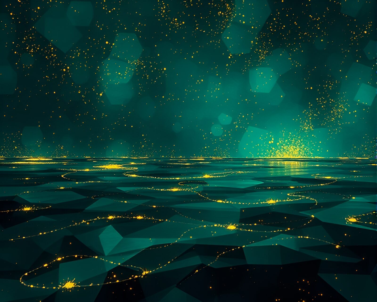 Abstract cubist-style landscape with bioluminescent river in gold foil accents
