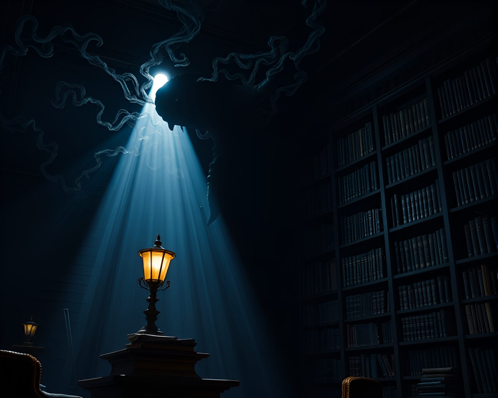 Monstrous sea serpent looming in dark, illuminated library