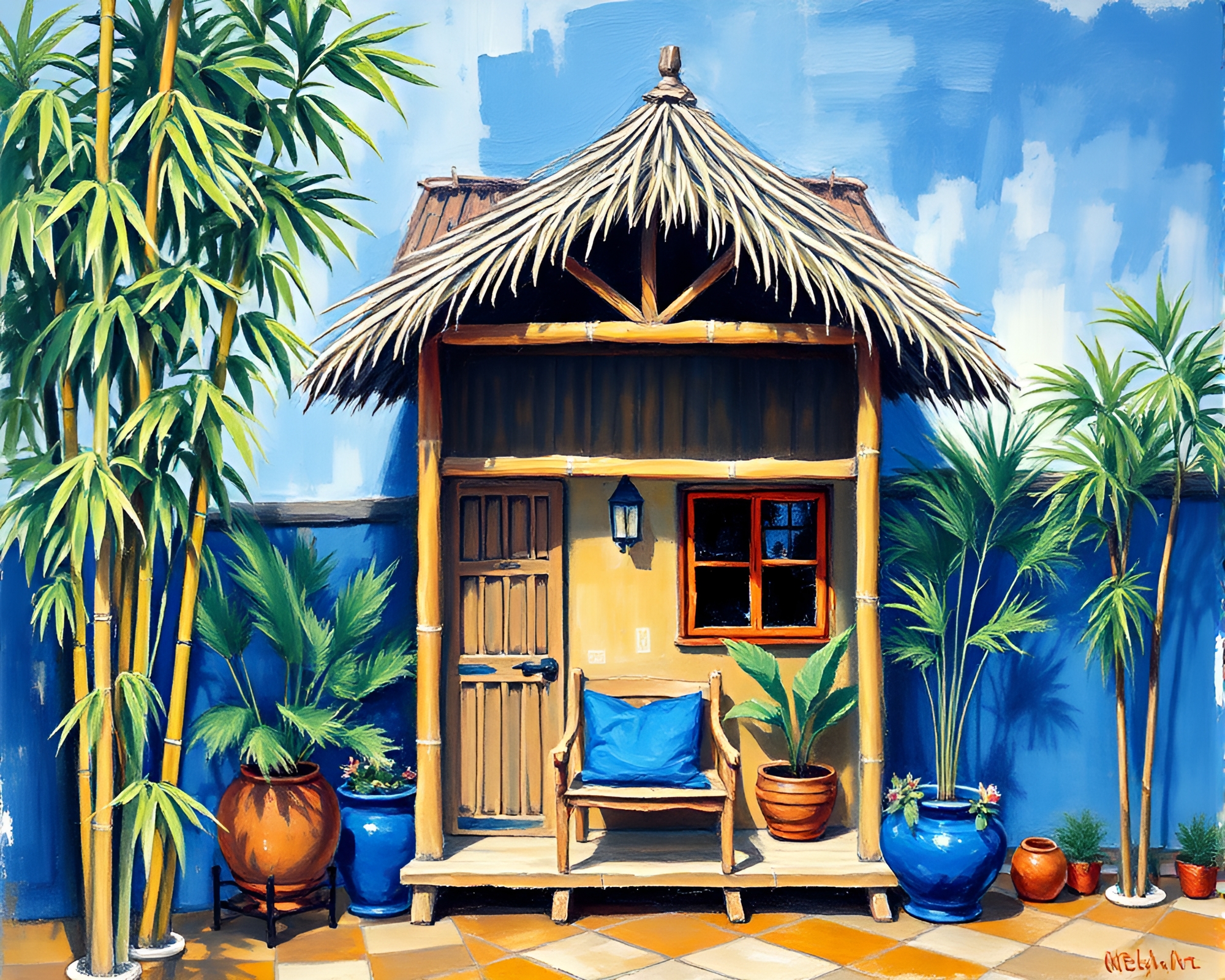 Impressionist Bamboo Hut with Cobalt Blue Accents – free AI stock image
