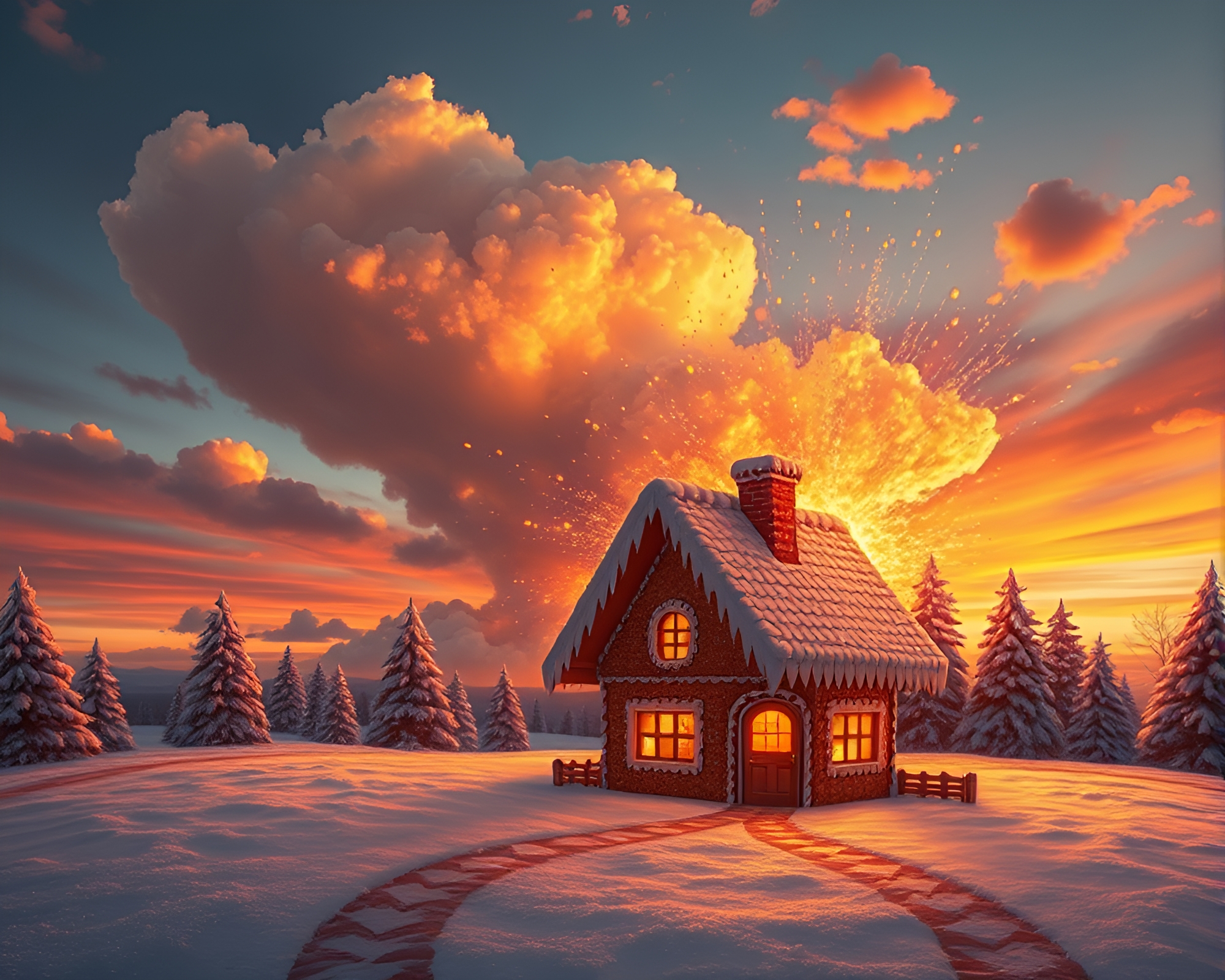 Gingerbread House Engulfed by Explosive Sunset Clouds – free AI stock image