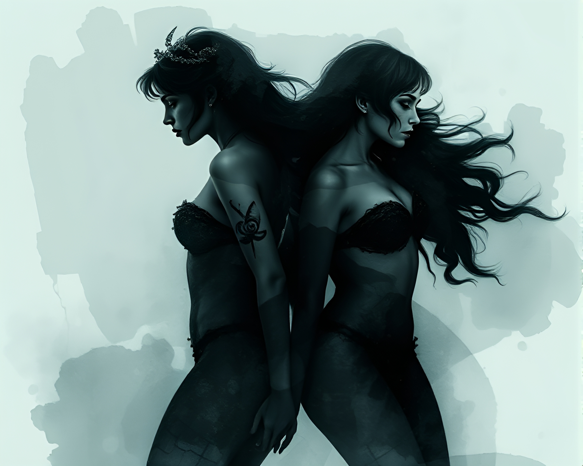 Enigmatic Double Exposure Mermaid in Ink Wash Style – free AI stock image