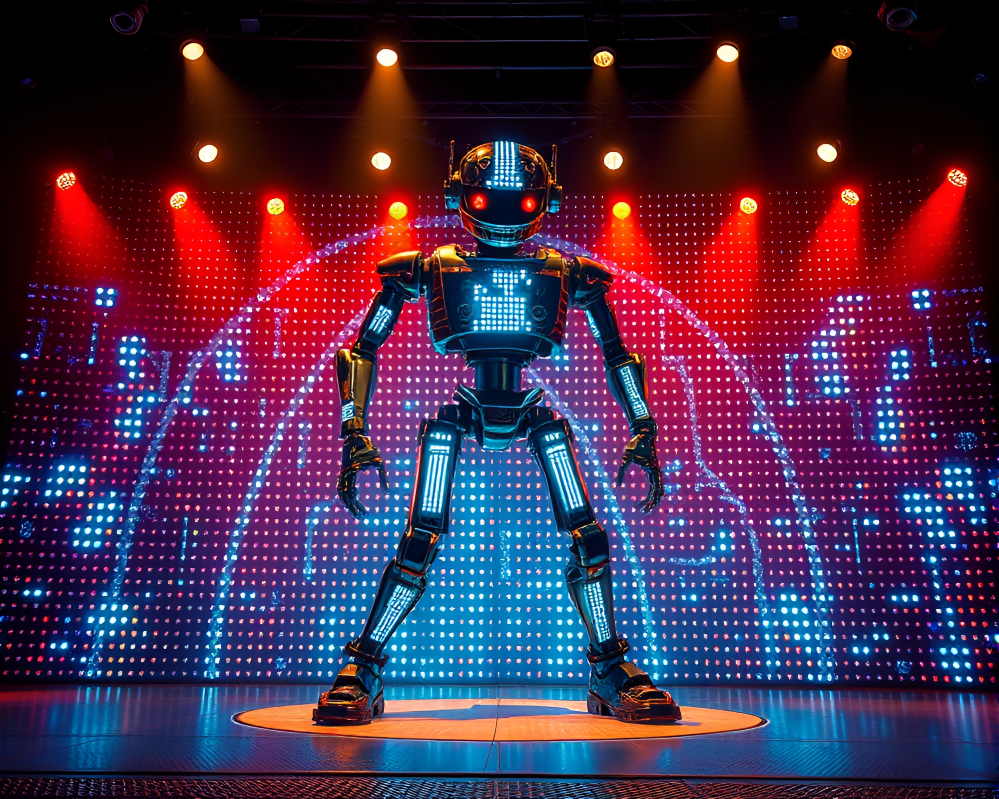 Steampunk Robot on LED Pixel Grid Stage – free AI stock image