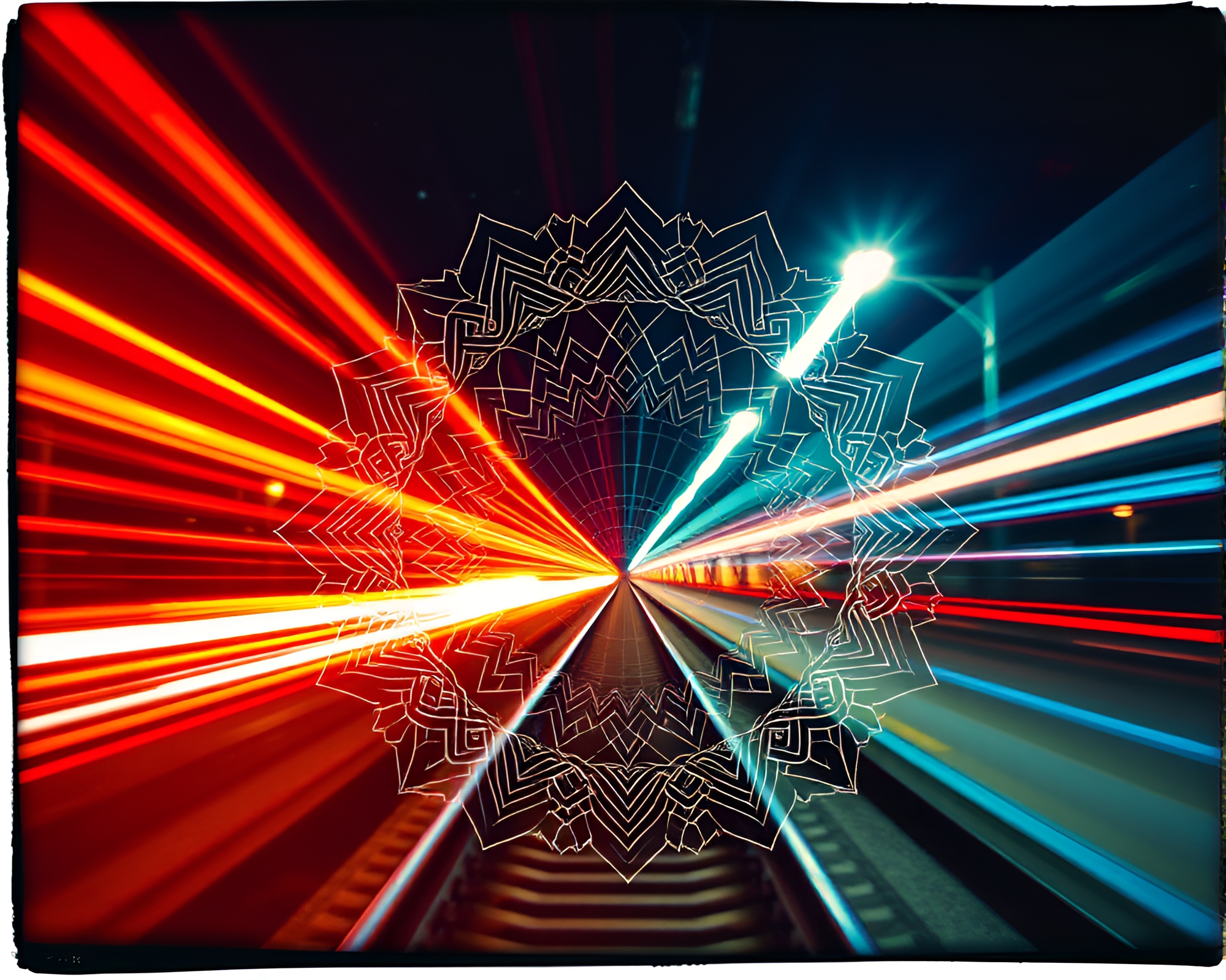 Train Light Trails Mandala in Polaroid Frame – free AI stock image