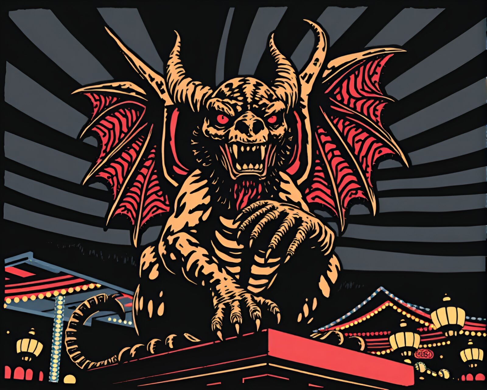 Gargoyle statue in colorful striped carnival light setting