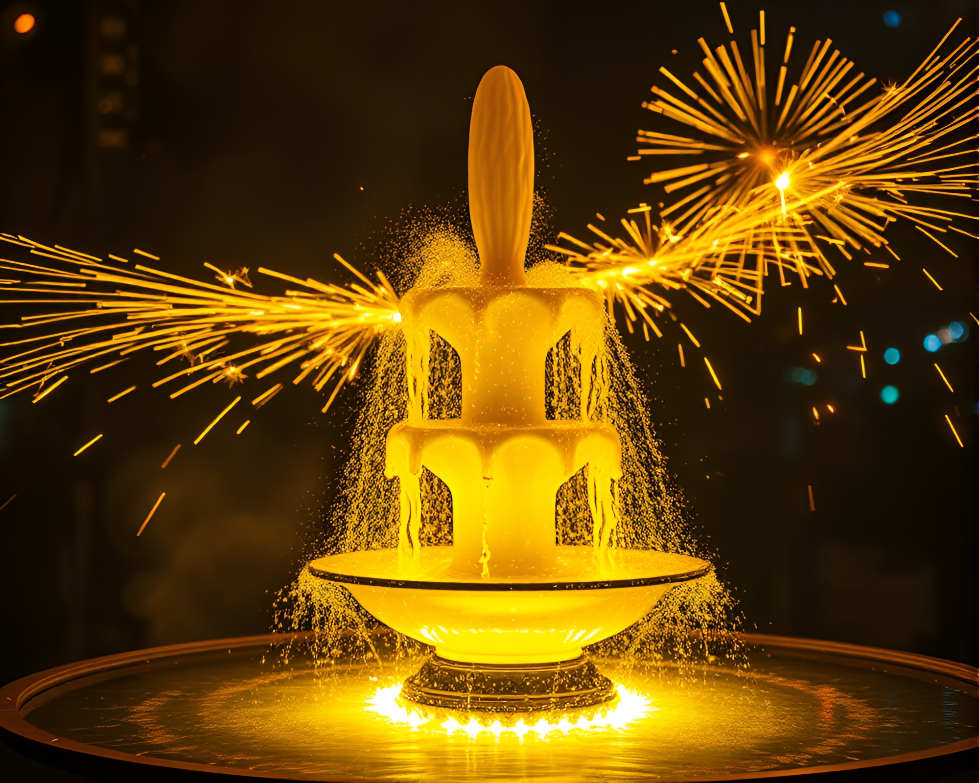 Synthwave Chocolate Fountain with Sparkler Trails – free AI stock image