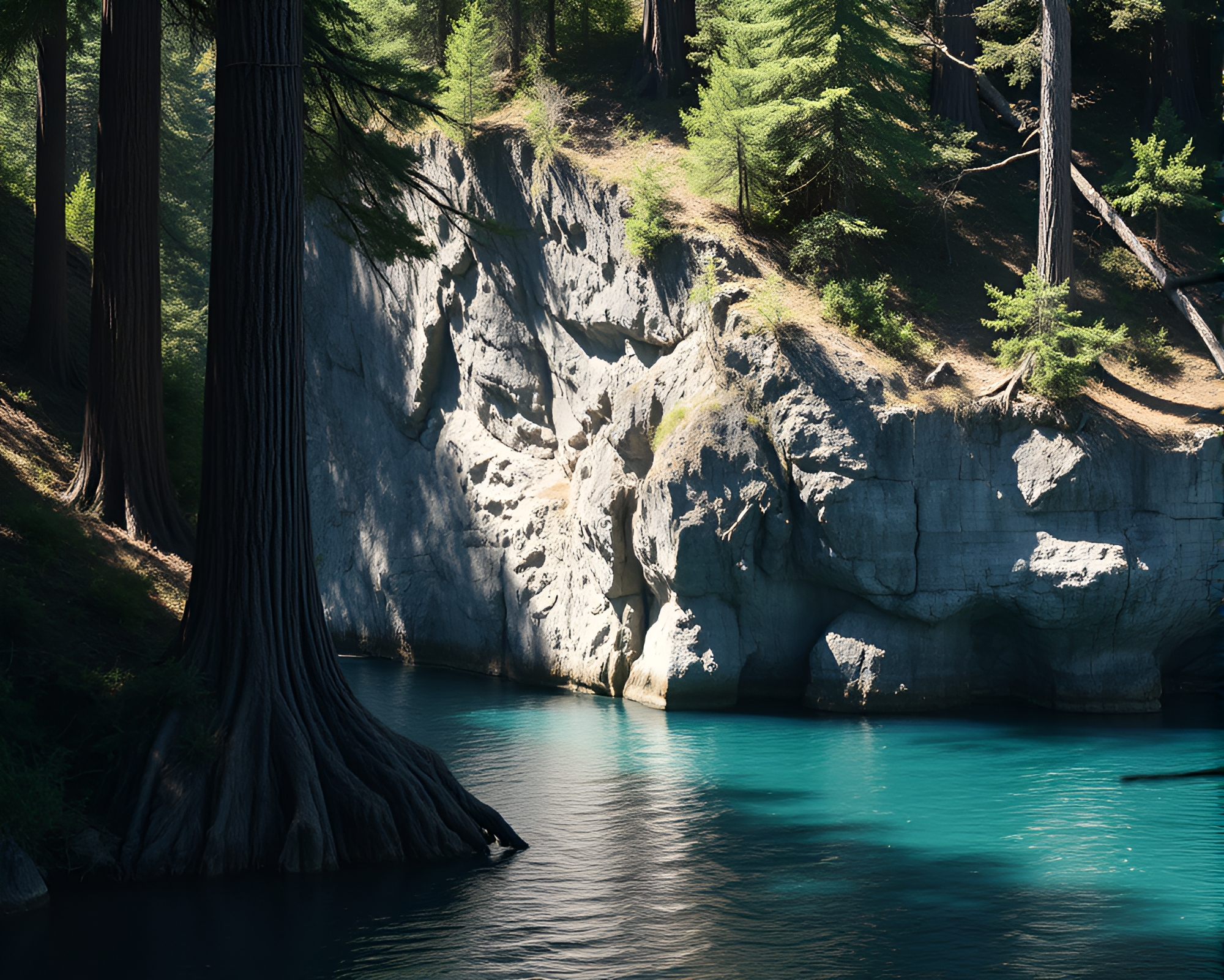 Ethereal Redwood Shadow on Water Distortion – free AI stock image