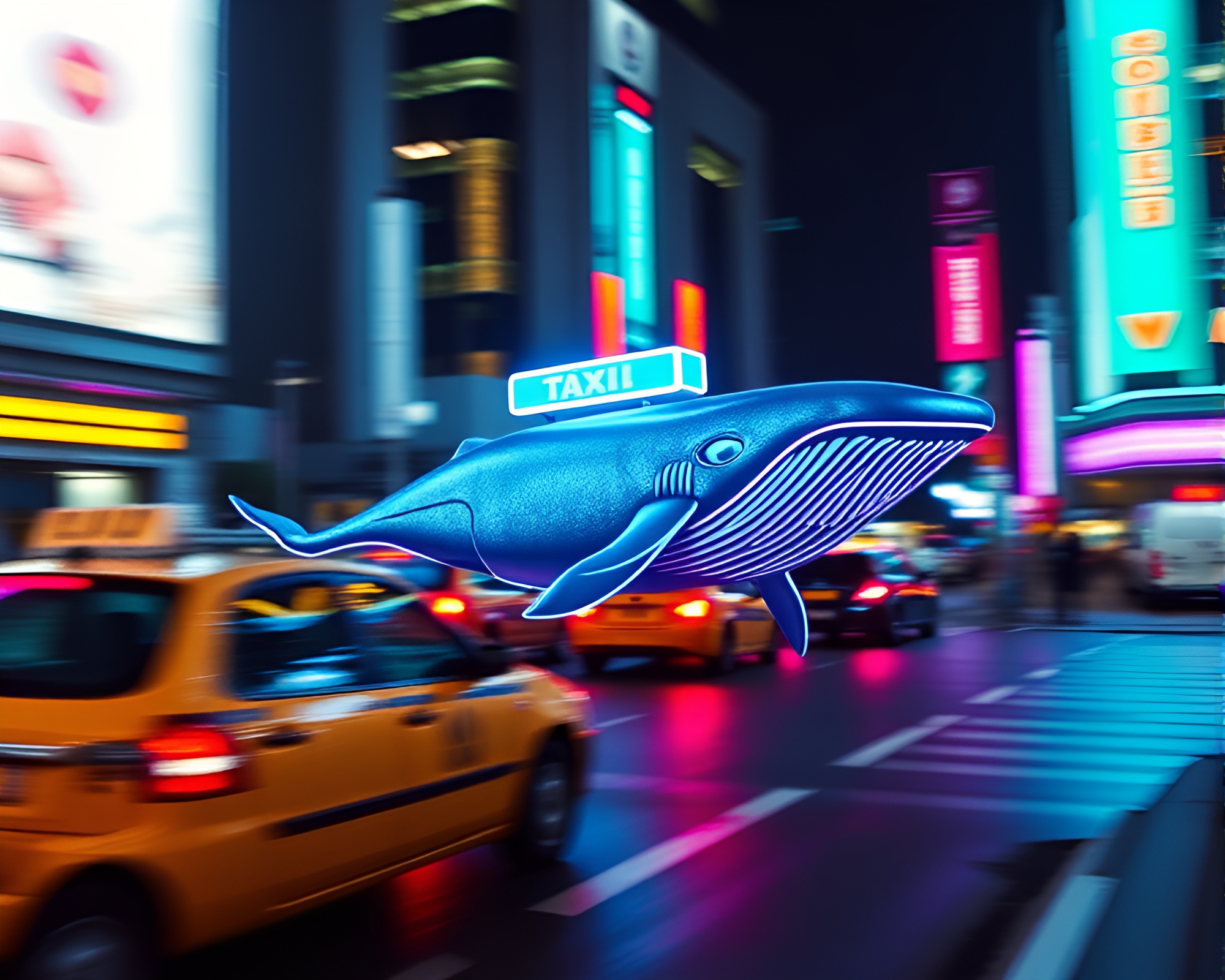 Whale taxi zooming through neon cityscape – free AI stock image