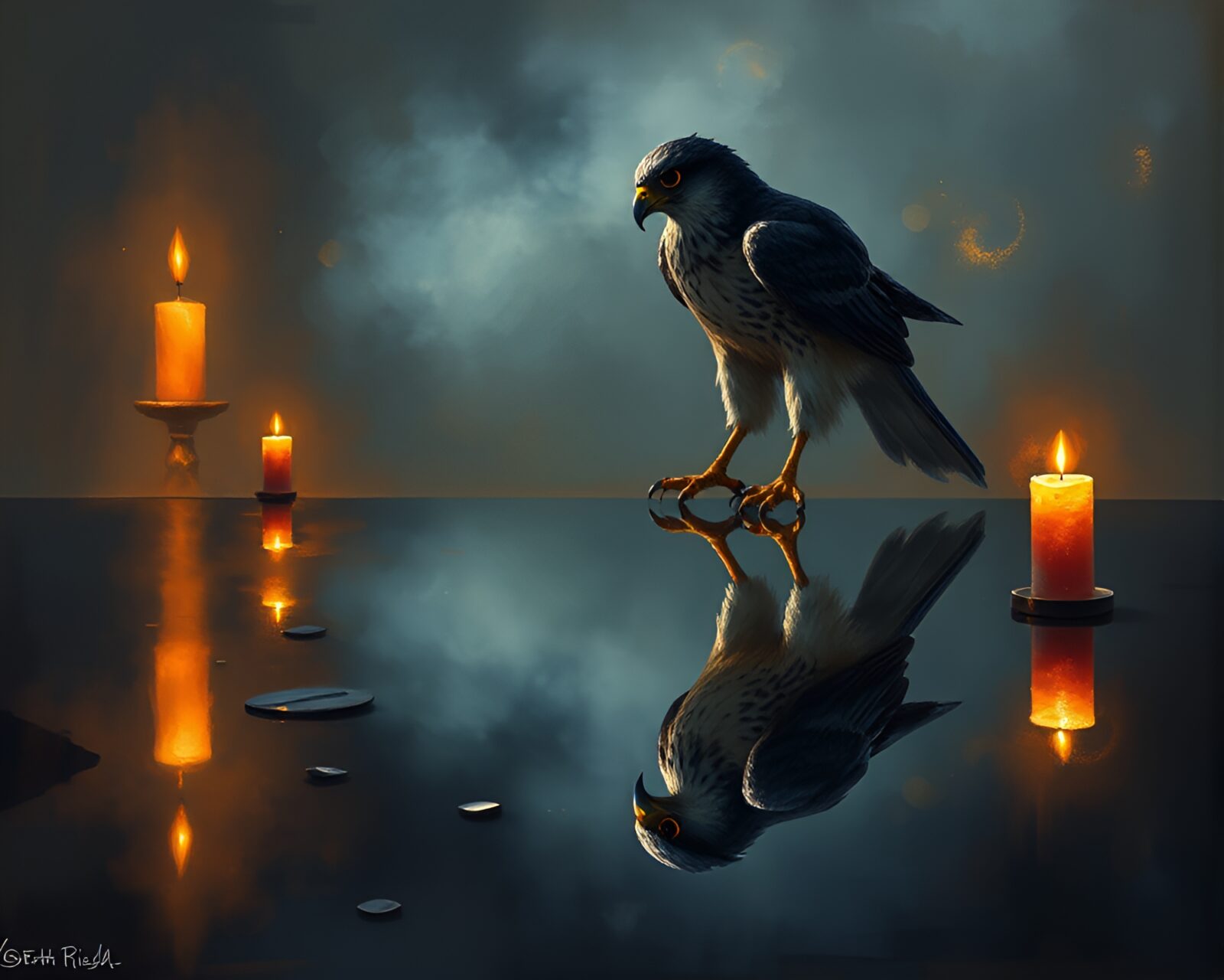 Gorgeous candlelit painting with a falcon reflected in a mirror shard