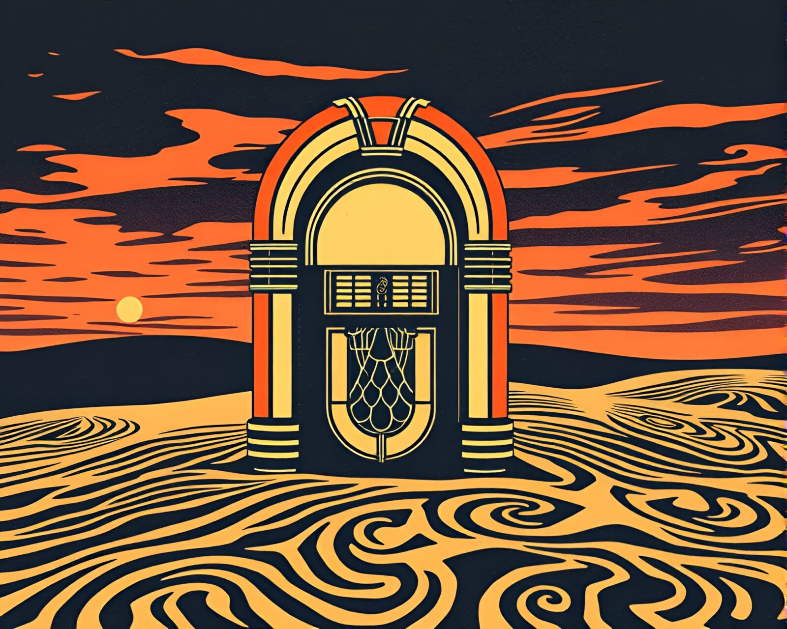 Woodcut Style Retro Jukebox Against Sand Swirl Pattern at Dusk