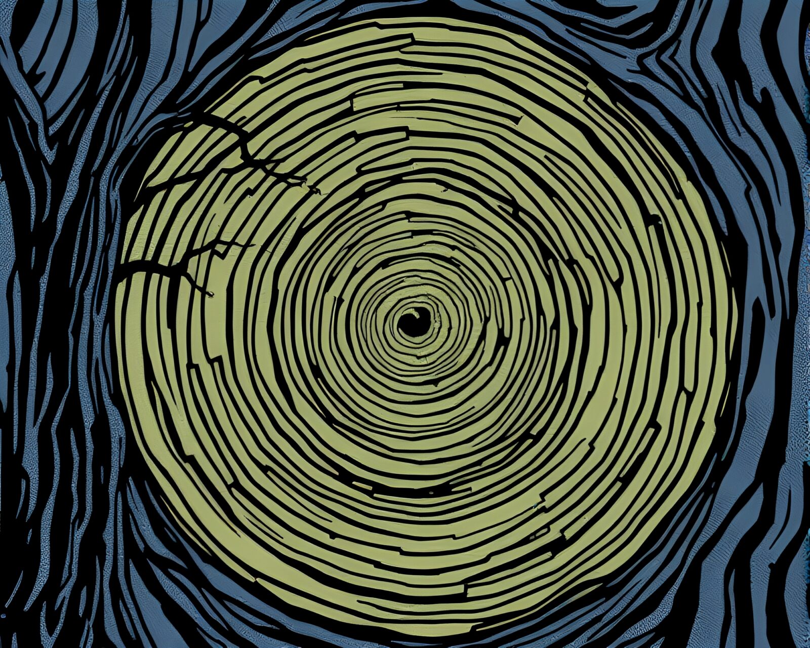 Tree ring pattern with ghostly banshee in faded denim