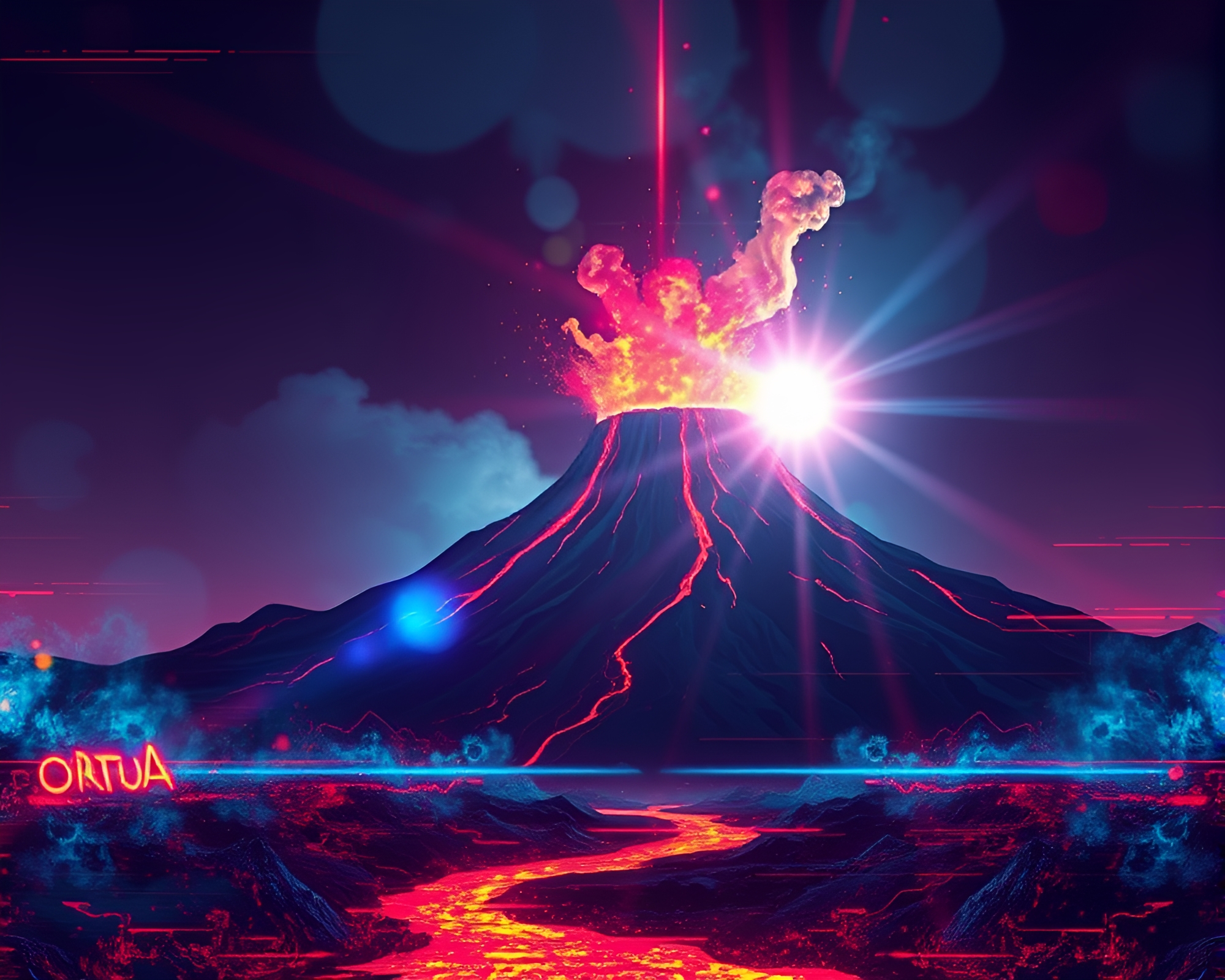 Digital Graffiti: Volcanic Lens Flare Glitch Art – free AI stock image