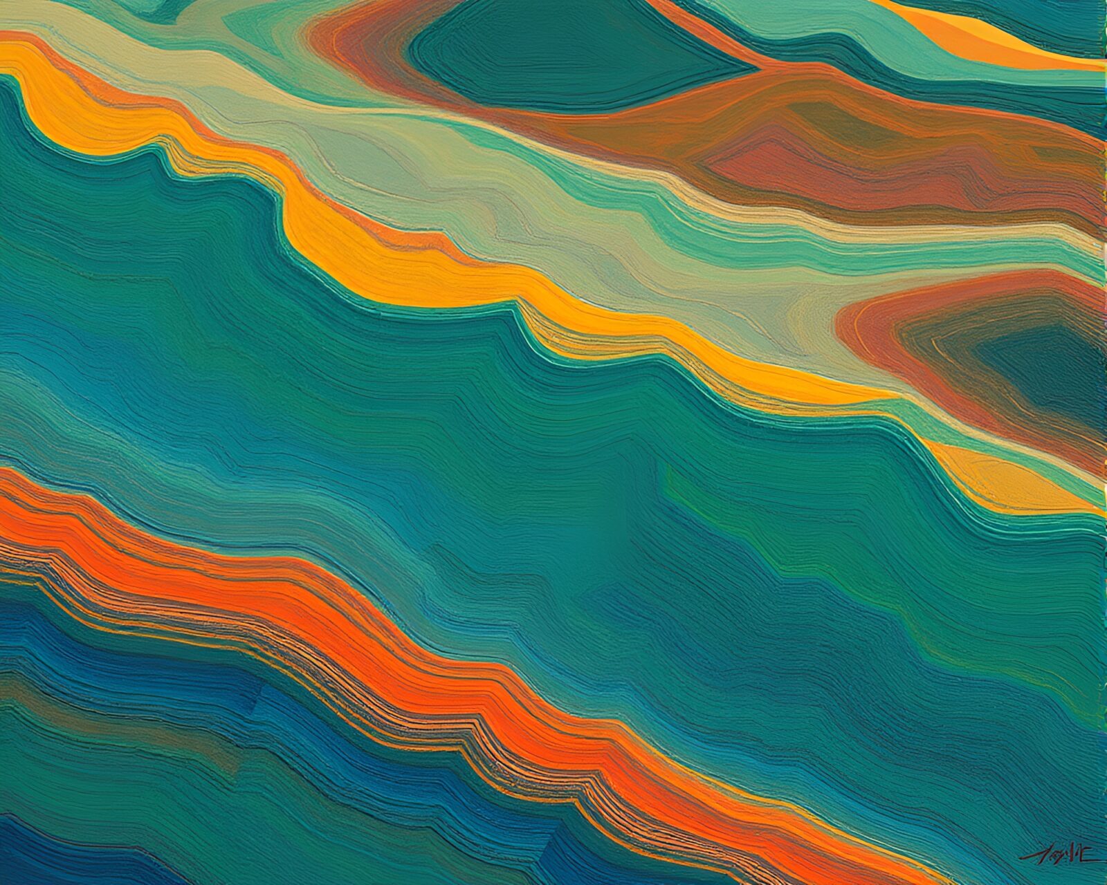 Colorful oasis scene with oil impasto texture and digital glitch effects.