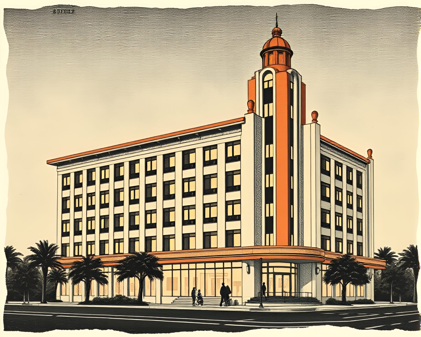 Engraved art deco hotel with torn edges in light