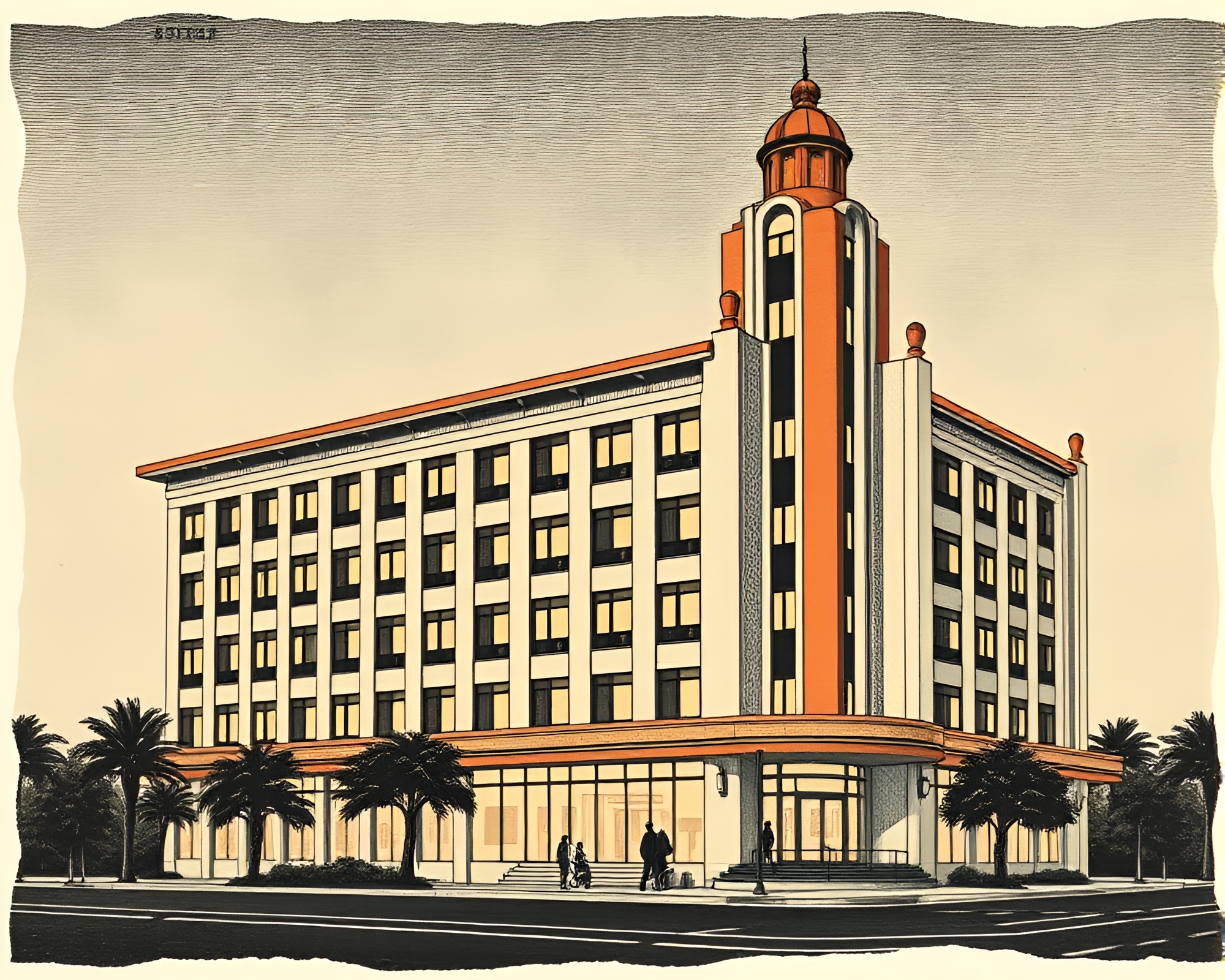 Art Deco Hotel Engraved in Complementary Tones – free AI stock image