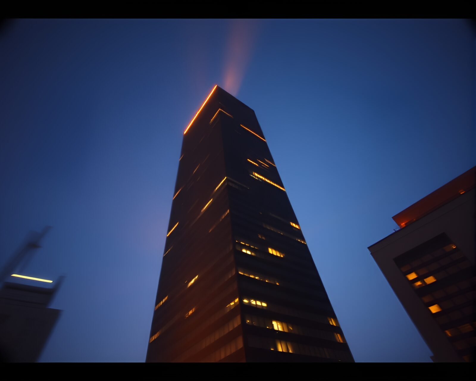 90s style skyscraper with streaks of blurred light