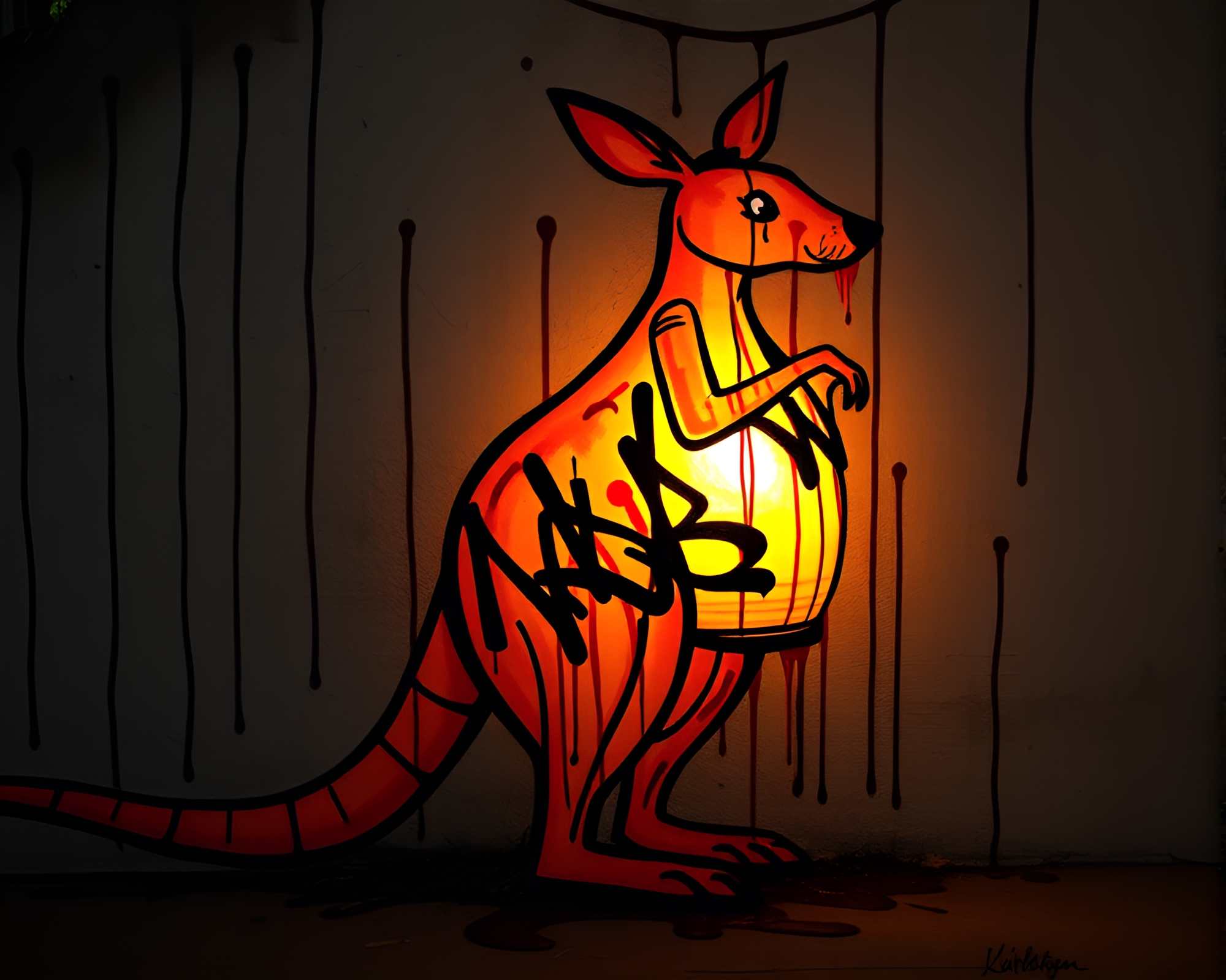 Kangaroo-inspired Graffiti Calligraphy under Lantern Light – free AI stock image