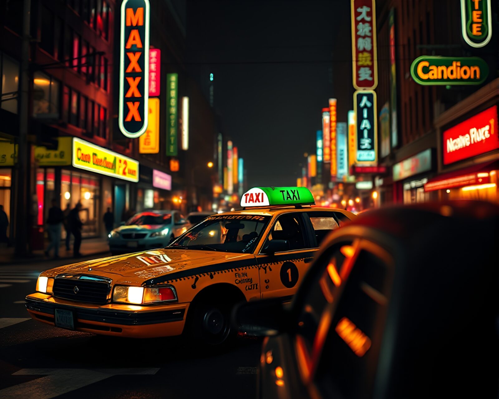 Futuristic hover taxi glowing under neon lights in ink