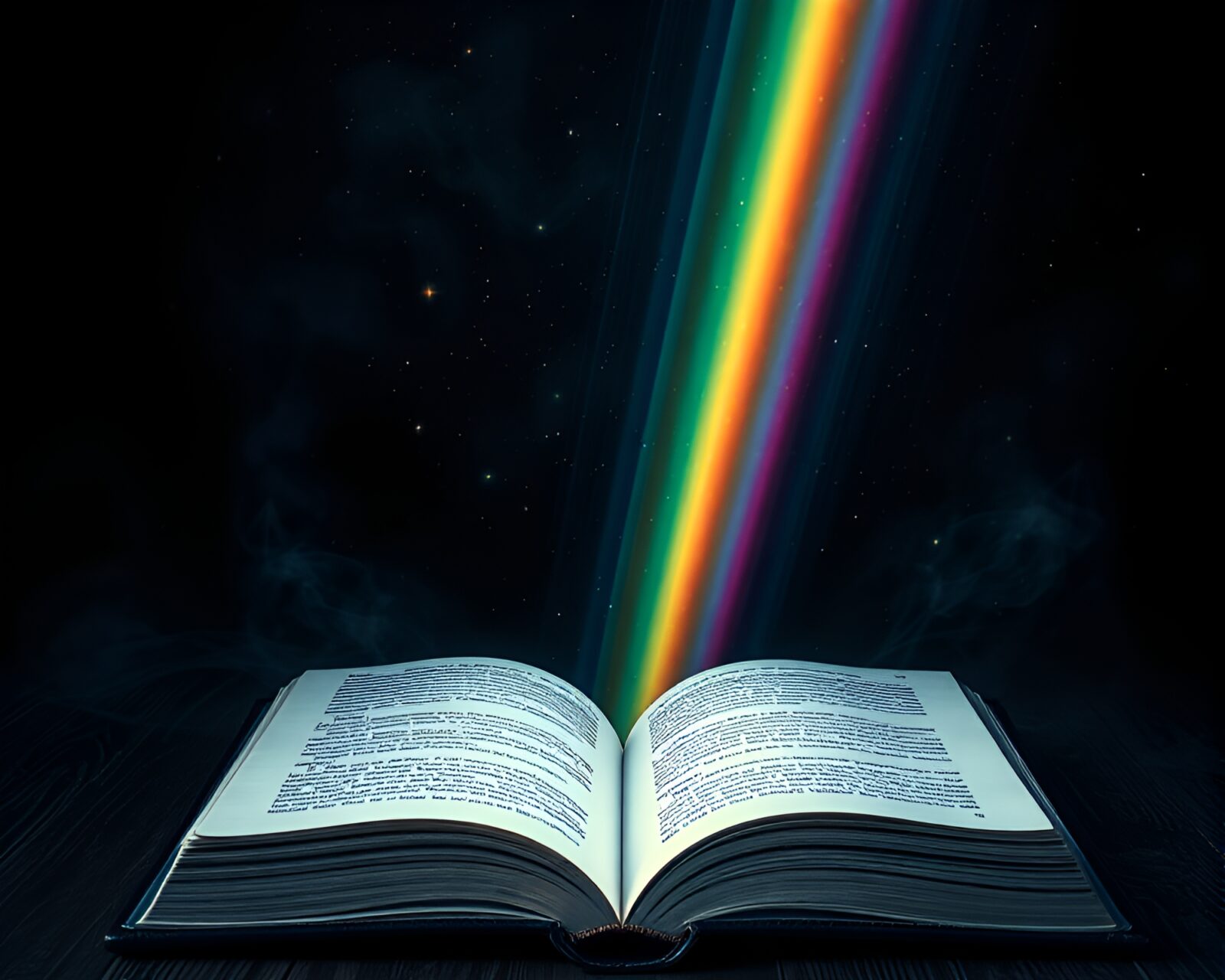 Magical book with cosmic rainbow aura in chiaroscuro lighting