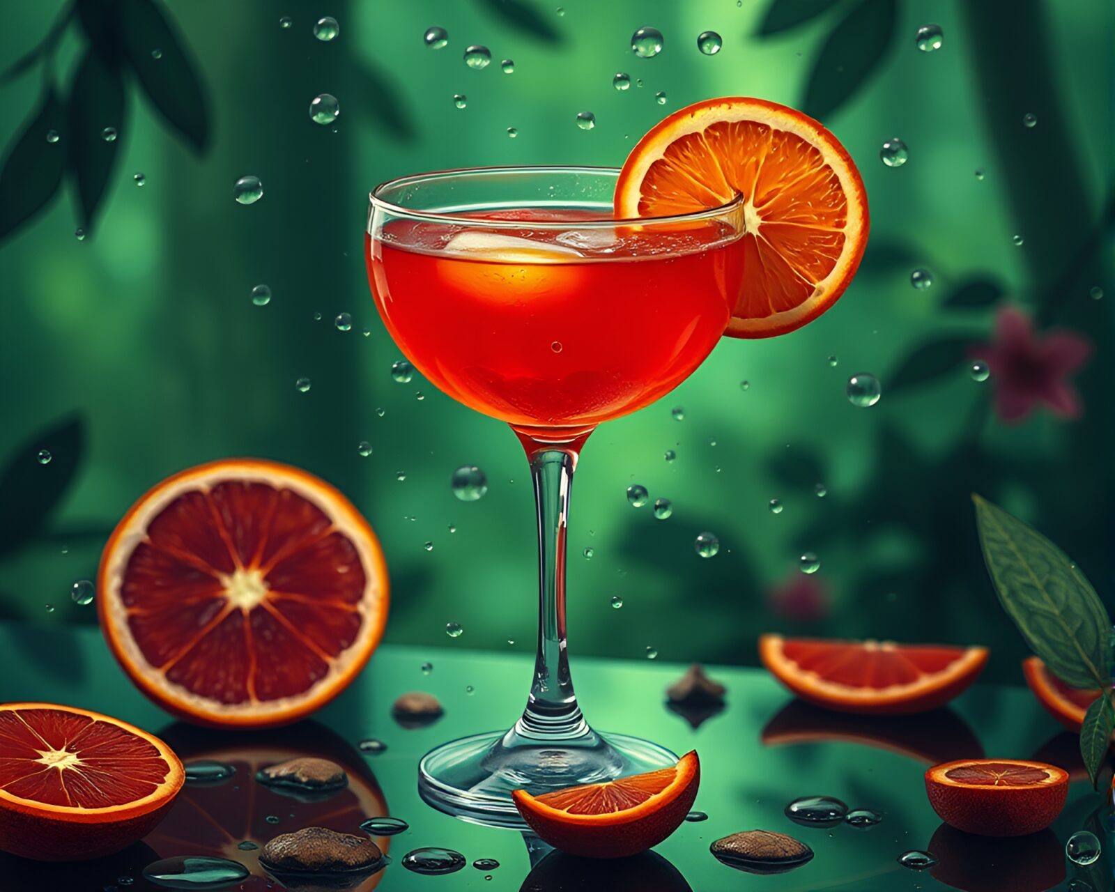 Illustration of a steampunk-themed cocktail surrounded by water droplets in a forest setting