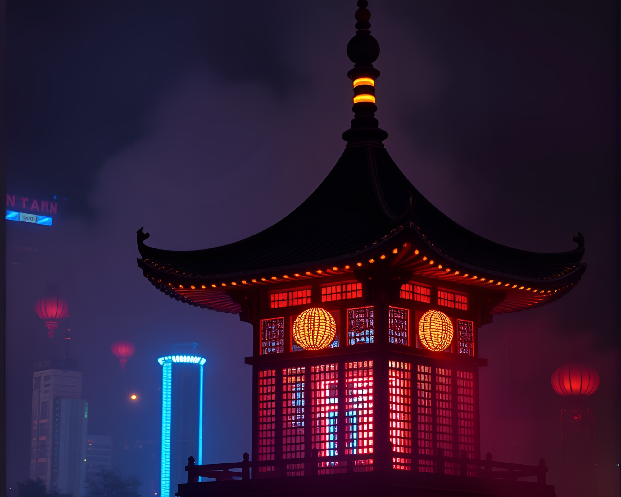 Smoky Pagoda LED Pixel Vignette – free AI stock image