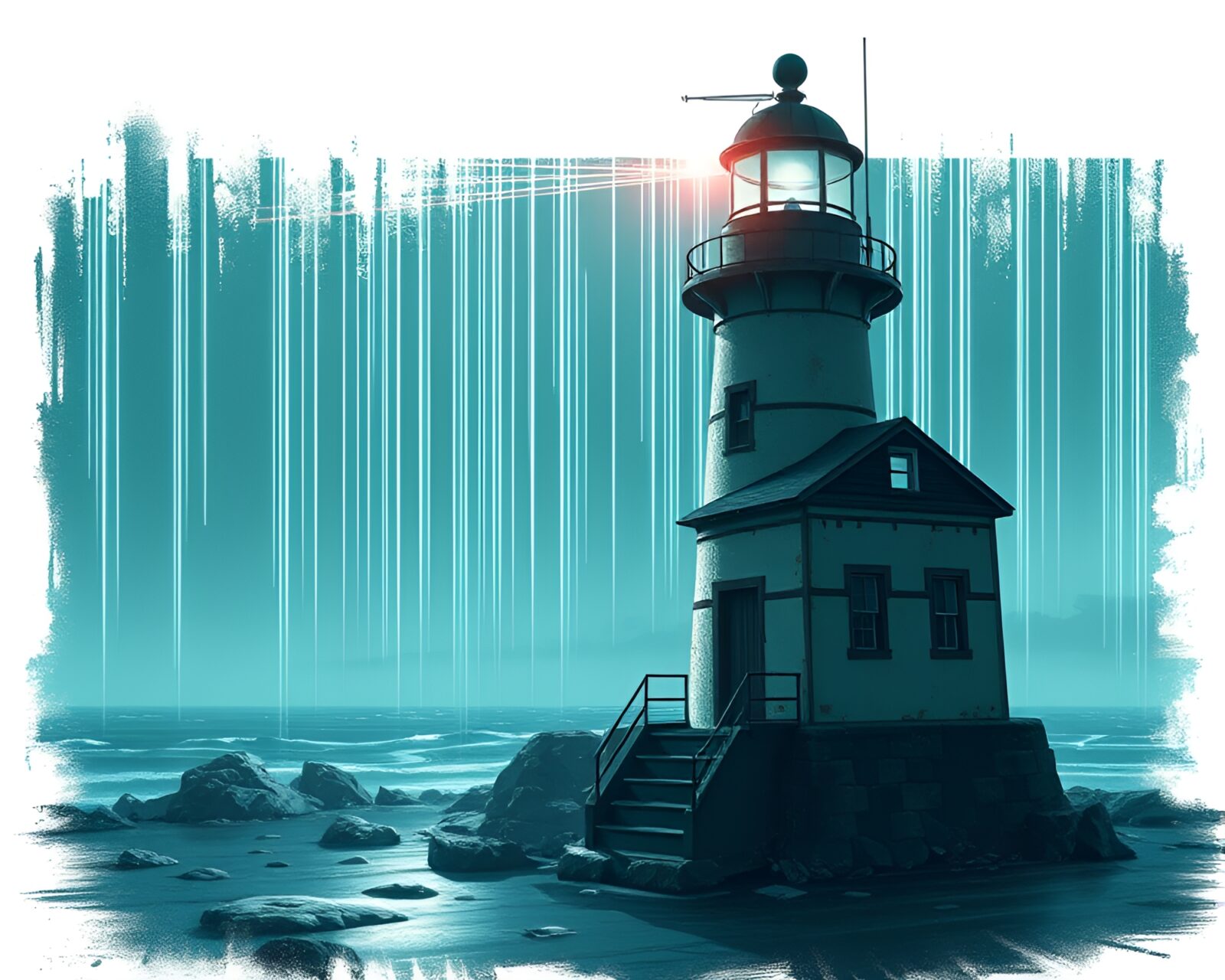 Eerie cyberpunk illustration of an abandoned lighthouse with glowing fiber optics